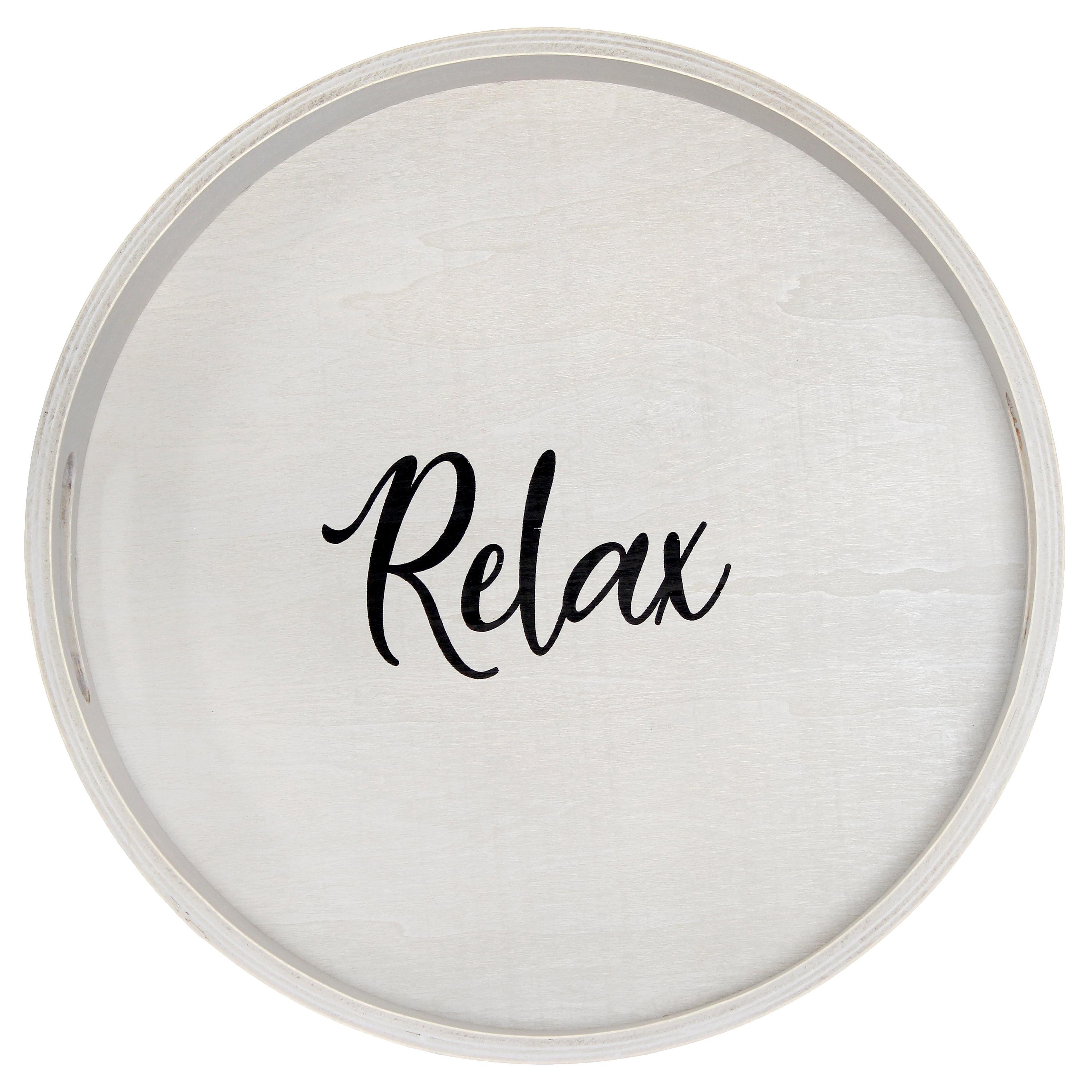 Elegant Designs Decorative 13.75" Round Wood Serving Tray w/ Handles, "Relax"