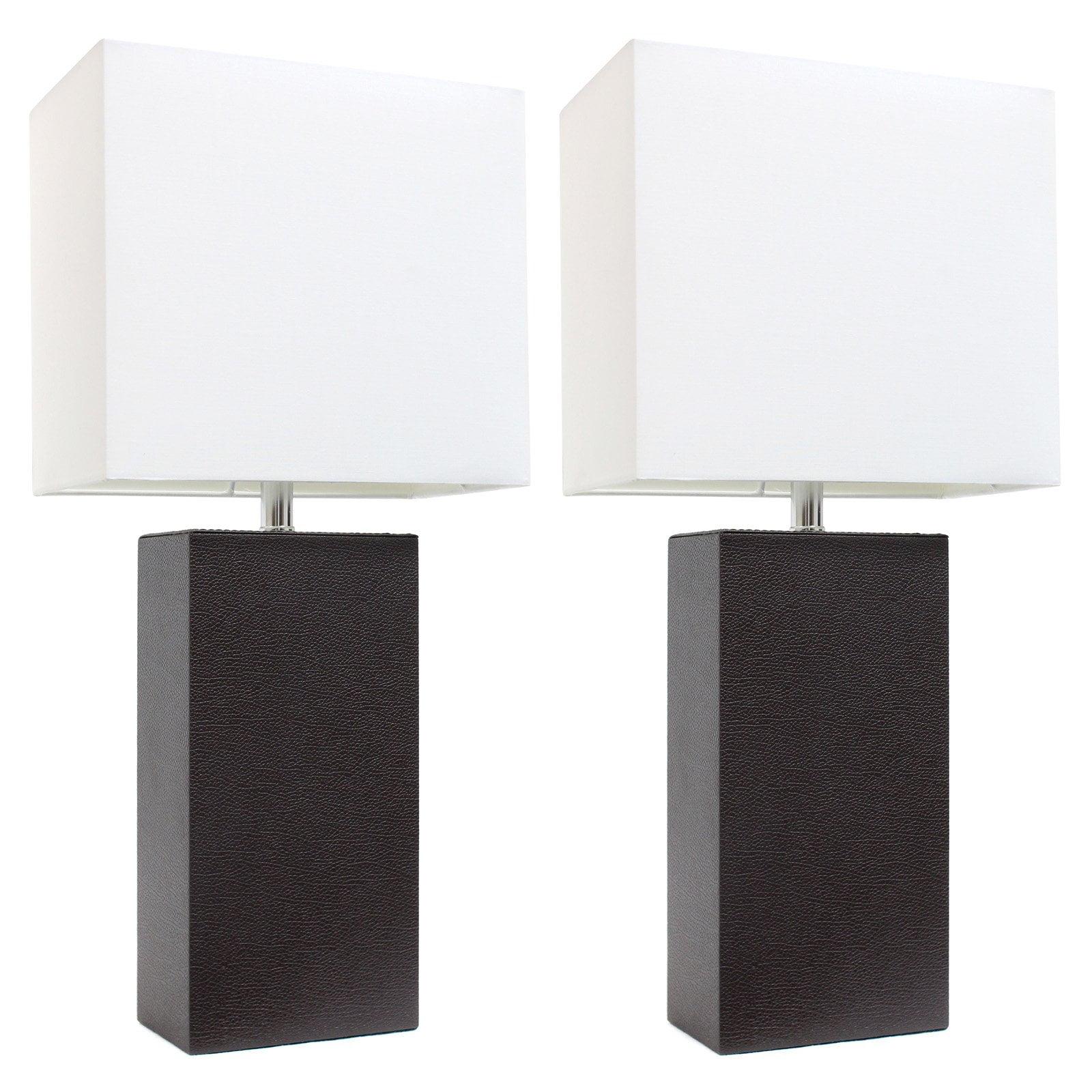 Set of 2 Espresso Brown Leather Table Lamps with White Fabric Shades