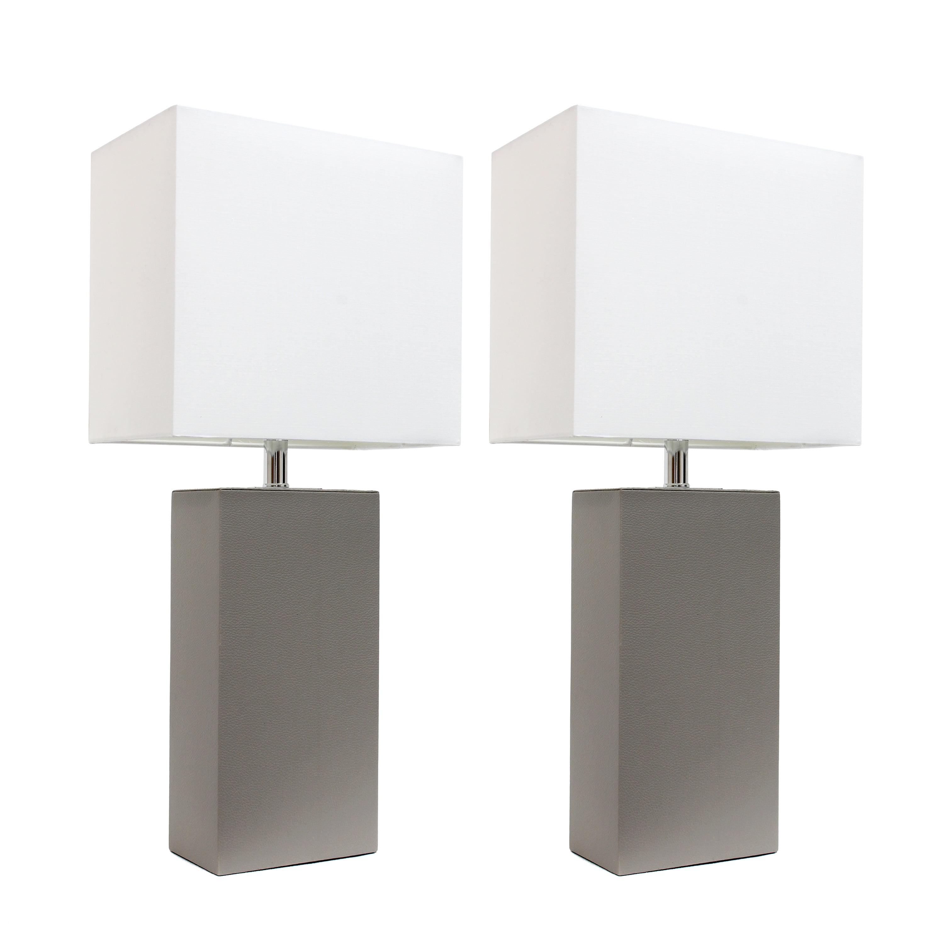 Set of 2 White Leather Table Lamps with Fabric Shades