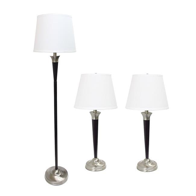 Elegant Designs 3pk Malbec Lamp Set (2 Table Lamps and 1 Floor Lamp) Black: Modern Cotton Shade, UL Listed, 1-Way Switch