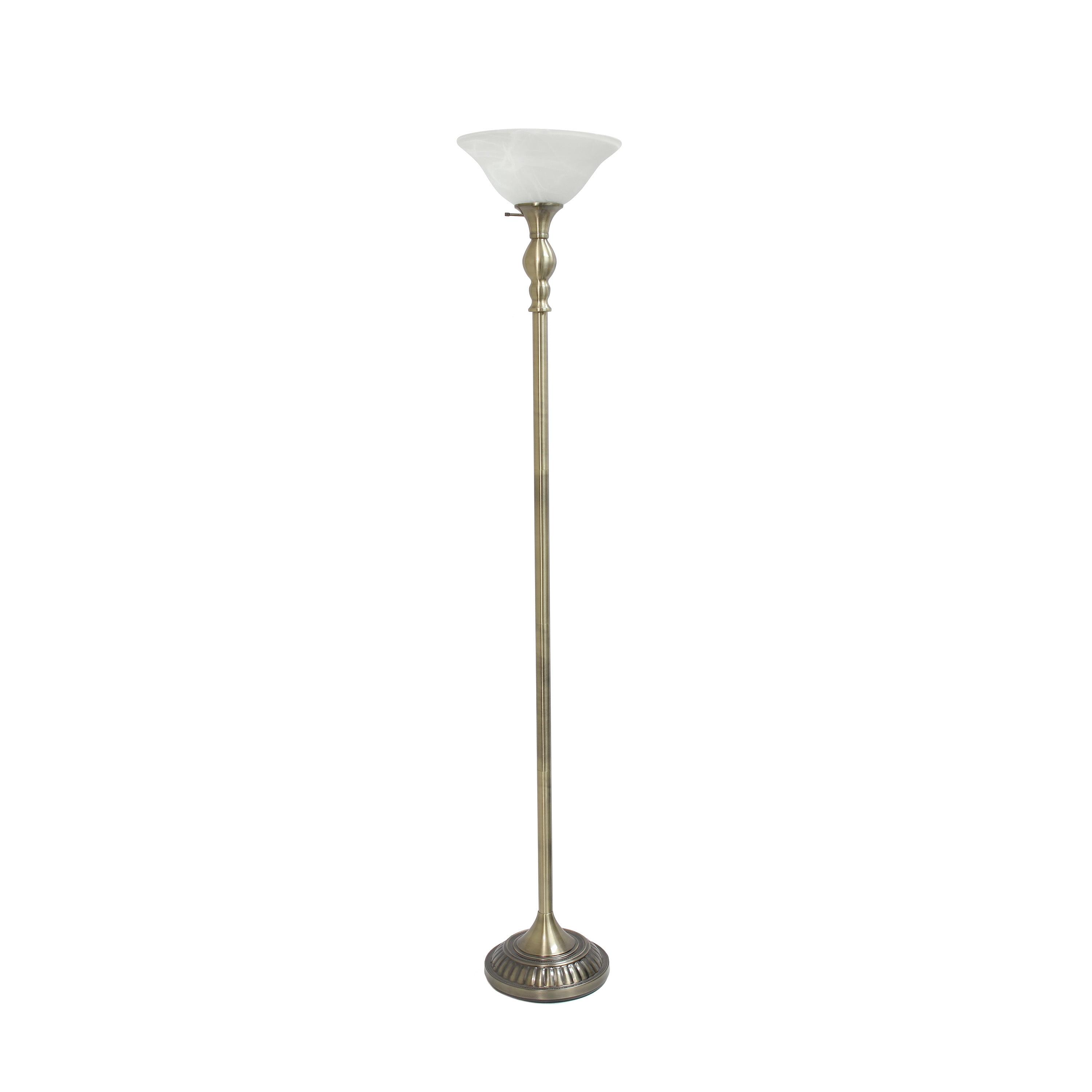 Antique Brass Elegance Torchiere Floor Lamp with Marbleized White Shade