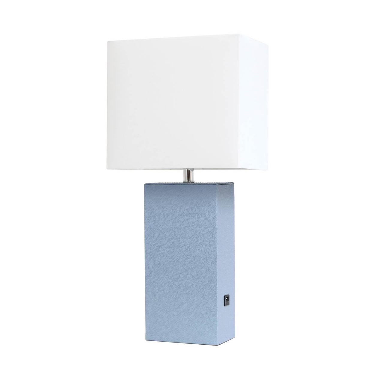 Periwinkle Leather Table Lamp with USB and White Fabric Shade