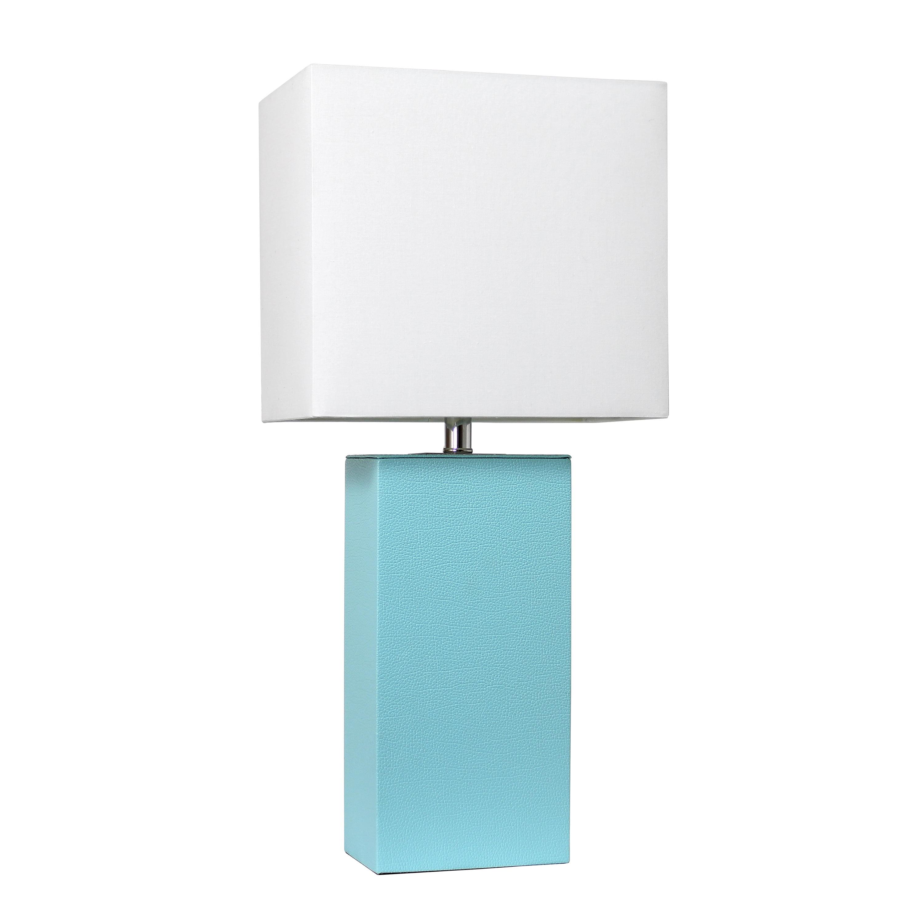 Aqua Leather Table Lamp with White Fabric Shade