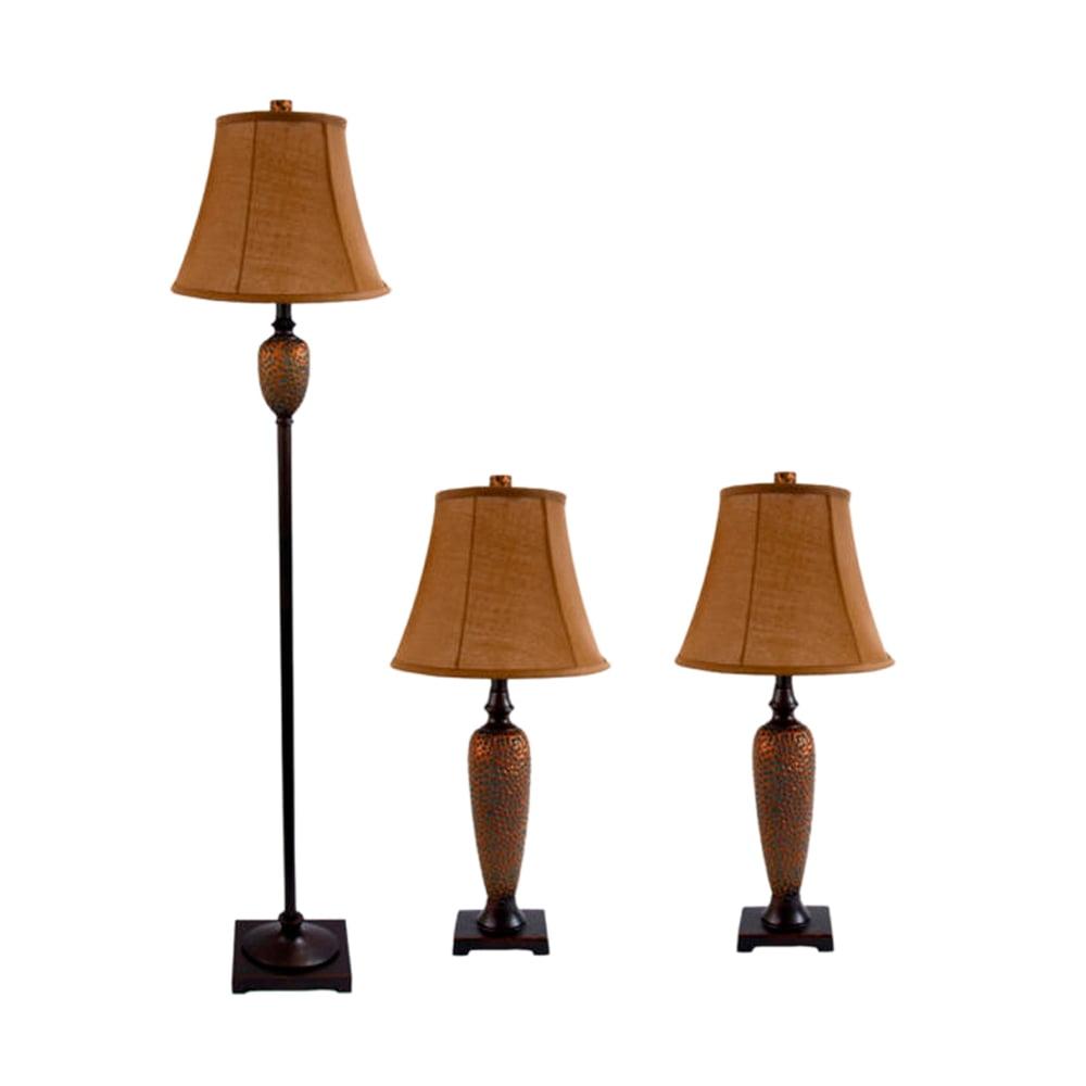 Hammered Bronze 3-Way Switch Lamp Set with Light Brown Shades