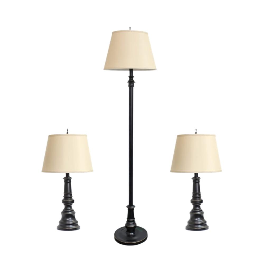 3pk Restoration Lamp Set (2 Table Lamps and 1 Floor Lamps) Bronze - Elegant Designs: Antique Finish, Cotton Shades, UL Listed