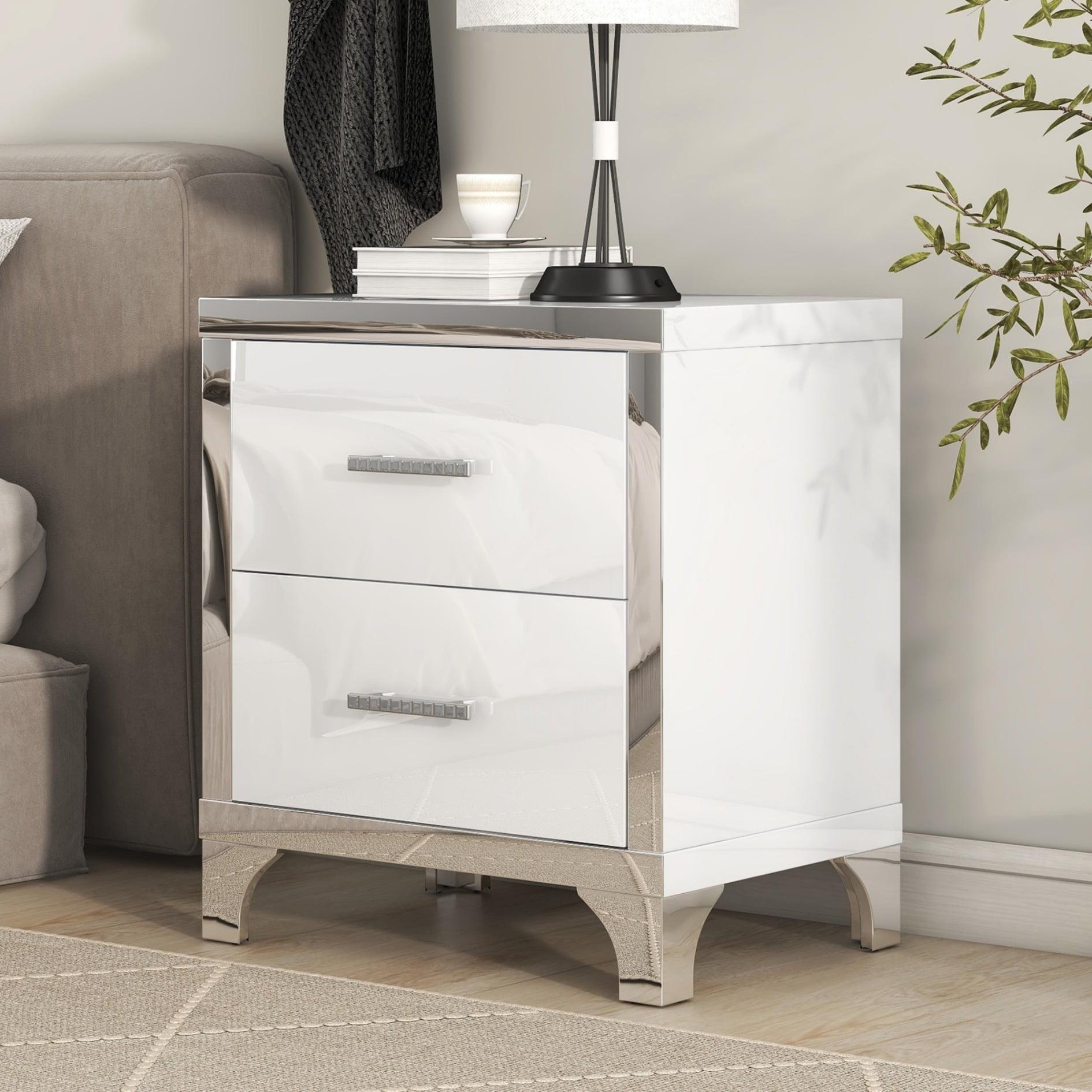 Elegant High Gloss Nightstand with Metal Handle,Mirrored Bedside Table with 2 Drawers,End Table Side Table for Bedroom,Living Room,White