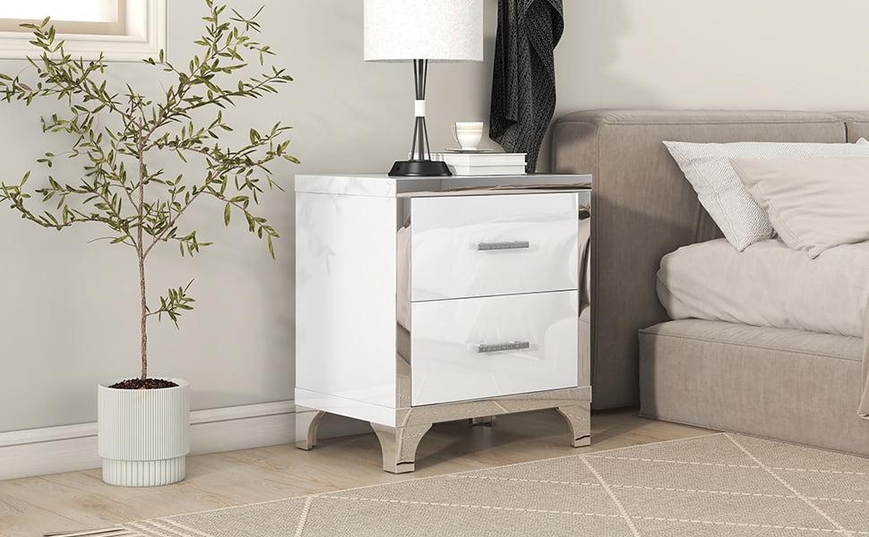 Elegant High Gloss Nightstand with Metal Handle,Mirrored Bedside Table with 2 Drawers,End Table Side Table for Bedroom,Living Room,White