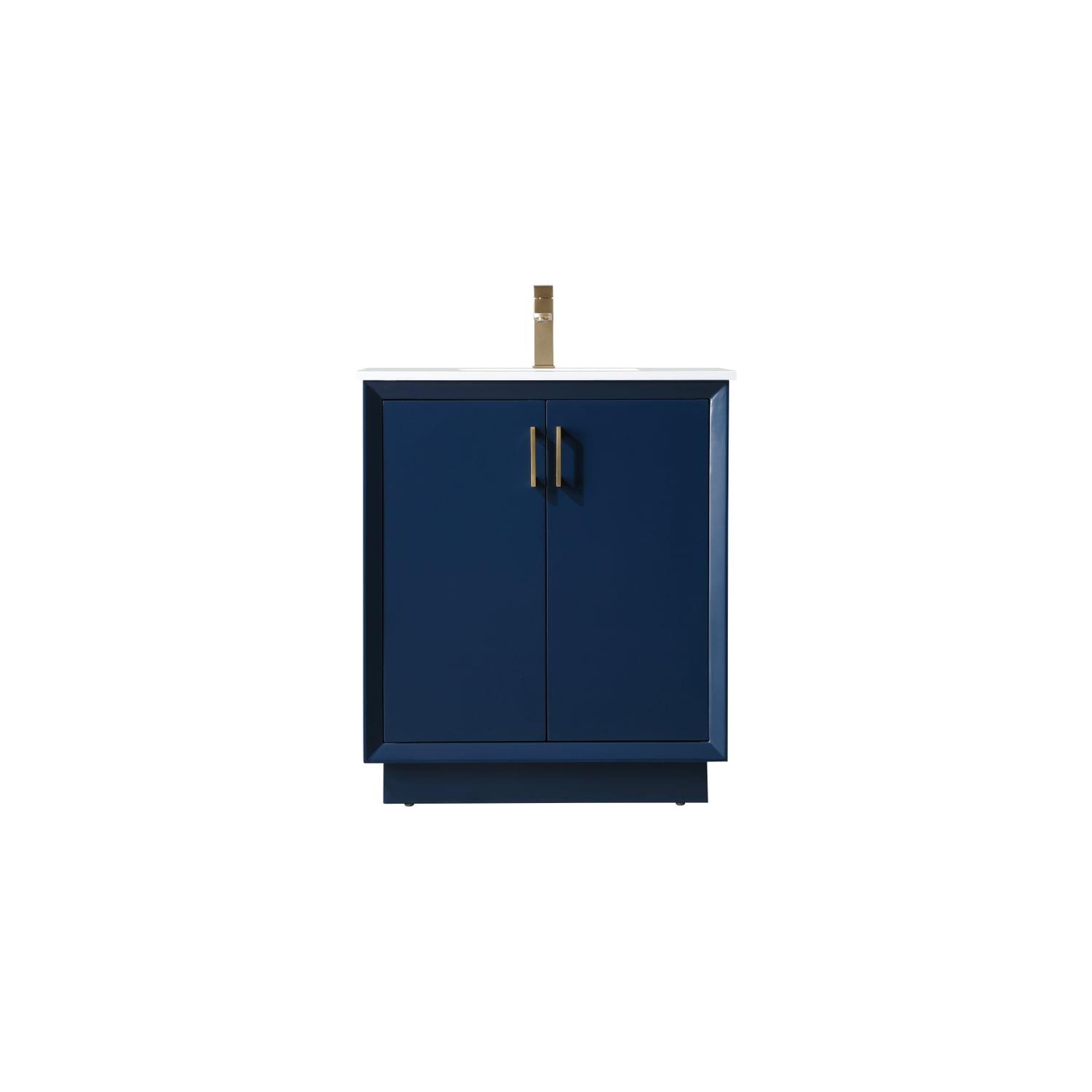 Blue Freestanding Single Vanity with Gold Hardware and Marble Countertop