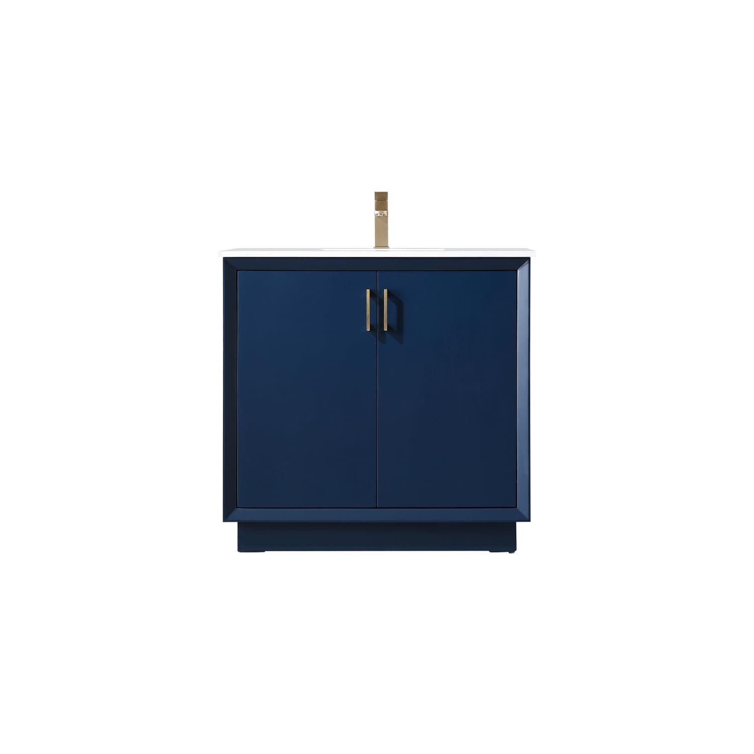 Blue 36" Freestanding Vanity with Gold Hardware and Marble Top