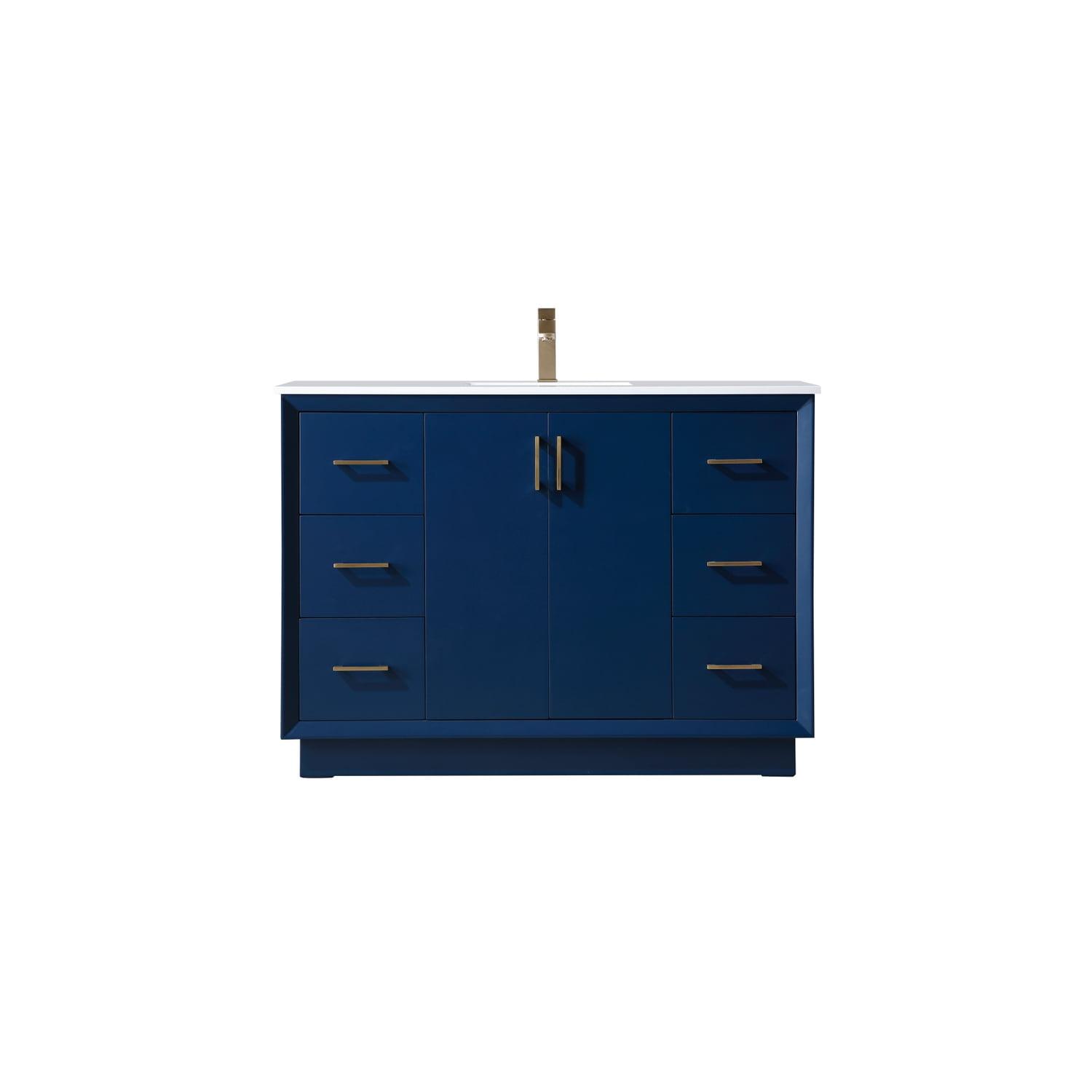 Blue 48" Freestanding Vanity with Gold Hardware and Marble Top