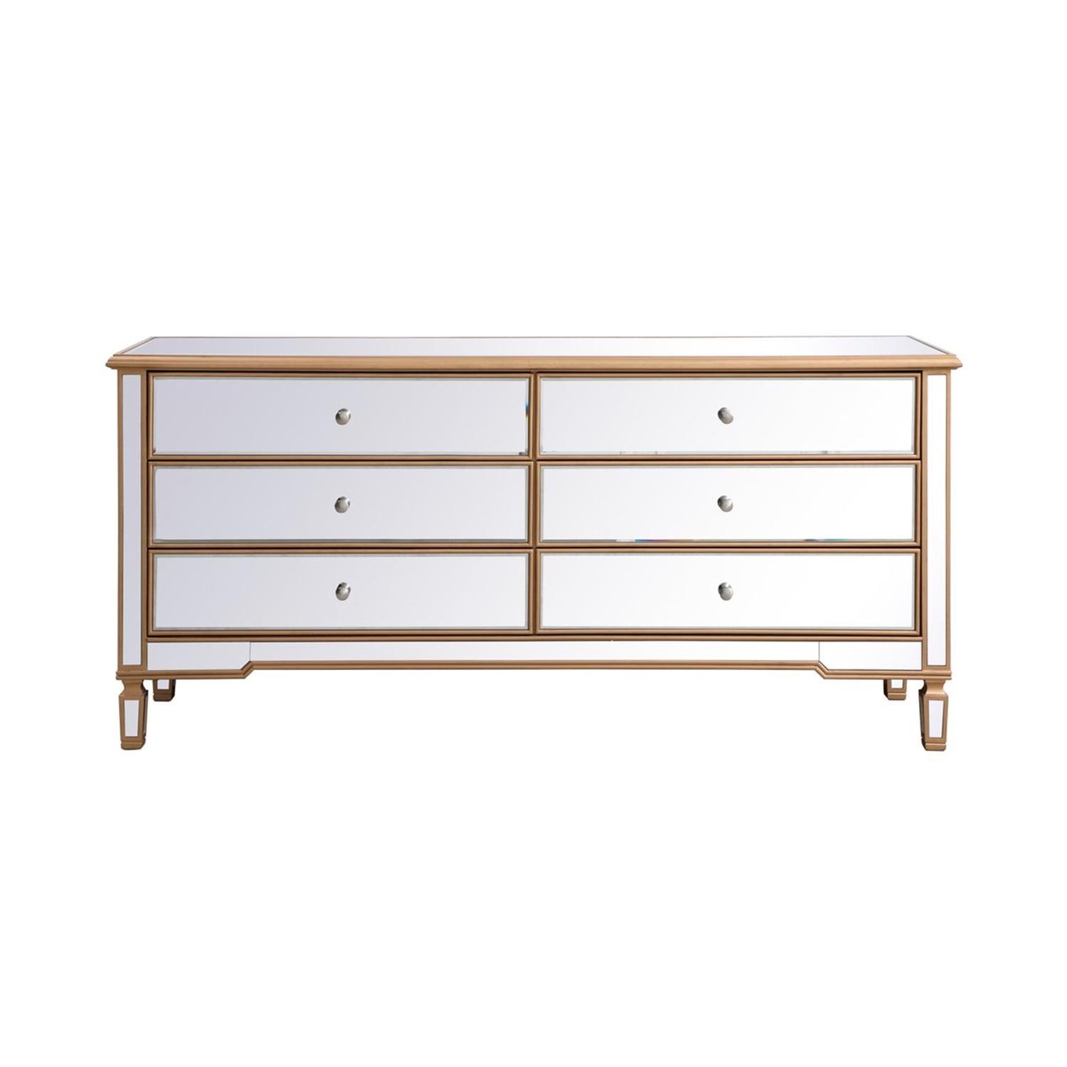 Antique Gold Mirrored Dresser with Deep Drawers and Brushed Steel Knobs