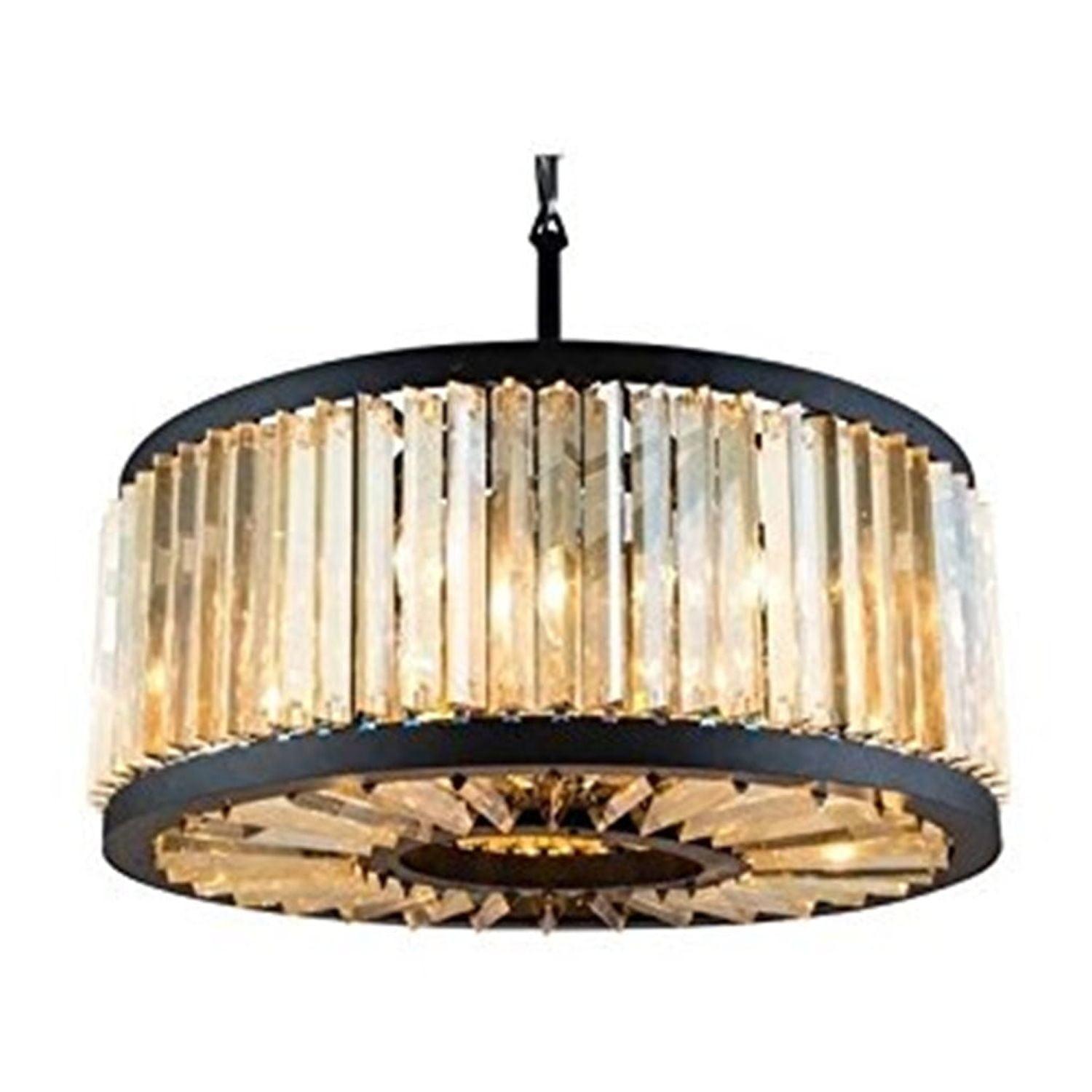 Matte Black and Golden Teak Crystal 8-Light Chandelier