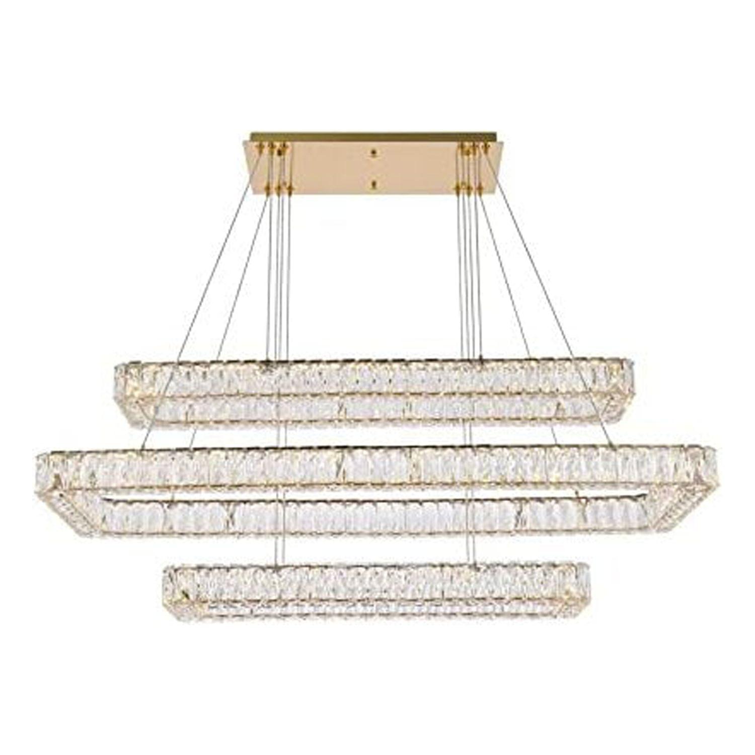 Elegant Lighting Monroe 50" Rectangle Crystal LED Triple Pendant in Gold