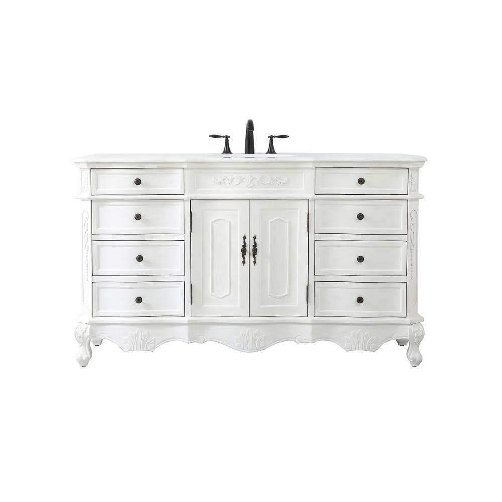 Antique White 60 Inch Single Bathroom Vanity with Ivory Quartz Top