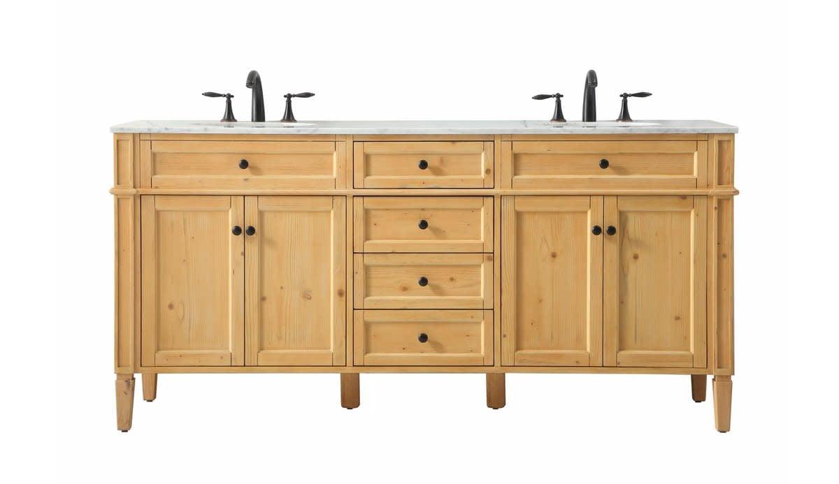 72" Natural Wood Double Bathroom Vanity with Carrara Marble Top