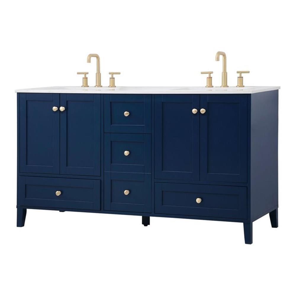 Blue and Gold Double Freestanding Bathroom Vanity with Marble Top