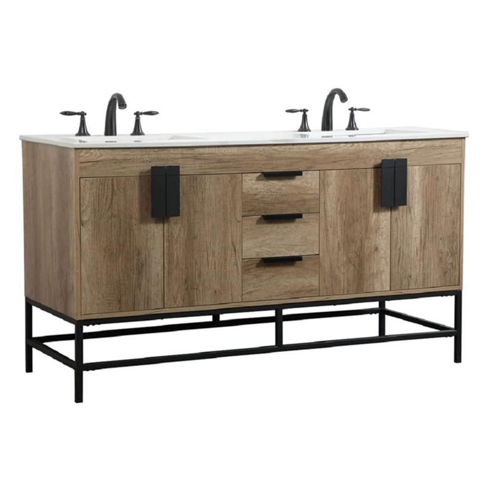 Natural Oak Double Freestanding Vanity with Engineered Marble Top