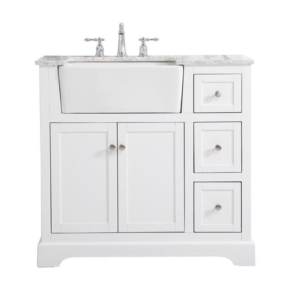 36 Inch White Solid Wood and MDF Single Bathroom Vanity with Carrara Marble Top