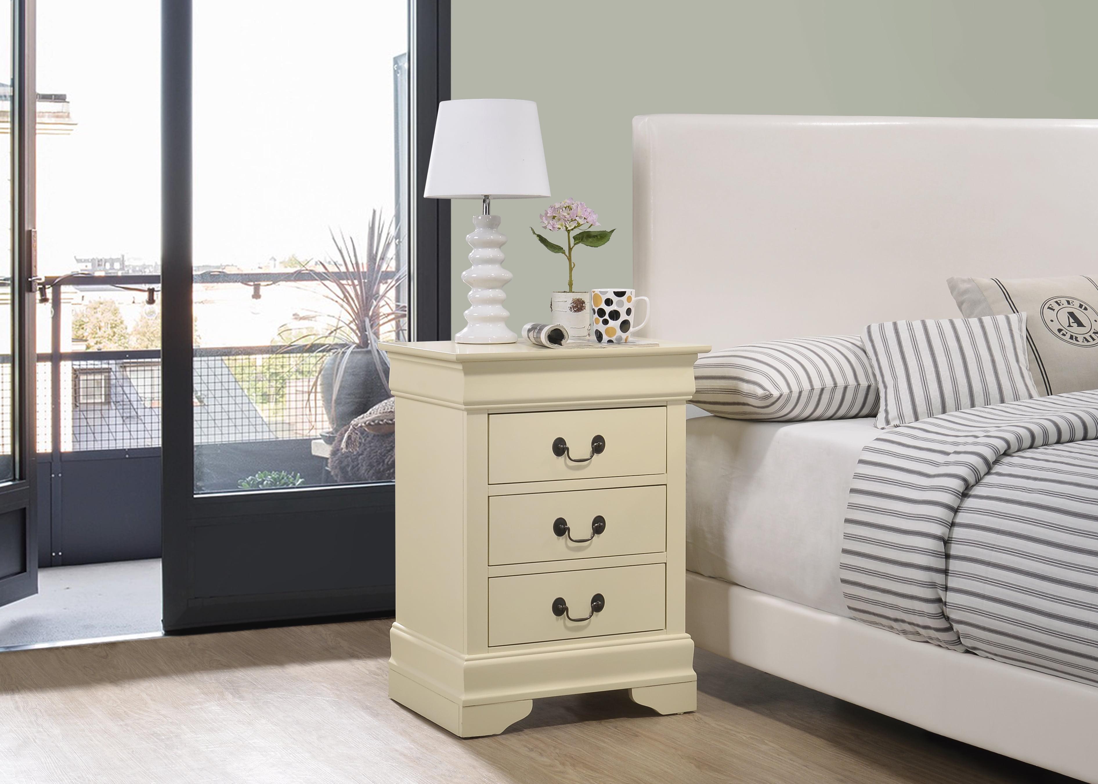 Beige 3-Drawer Solid Wood Nightstand with Veneer Finish