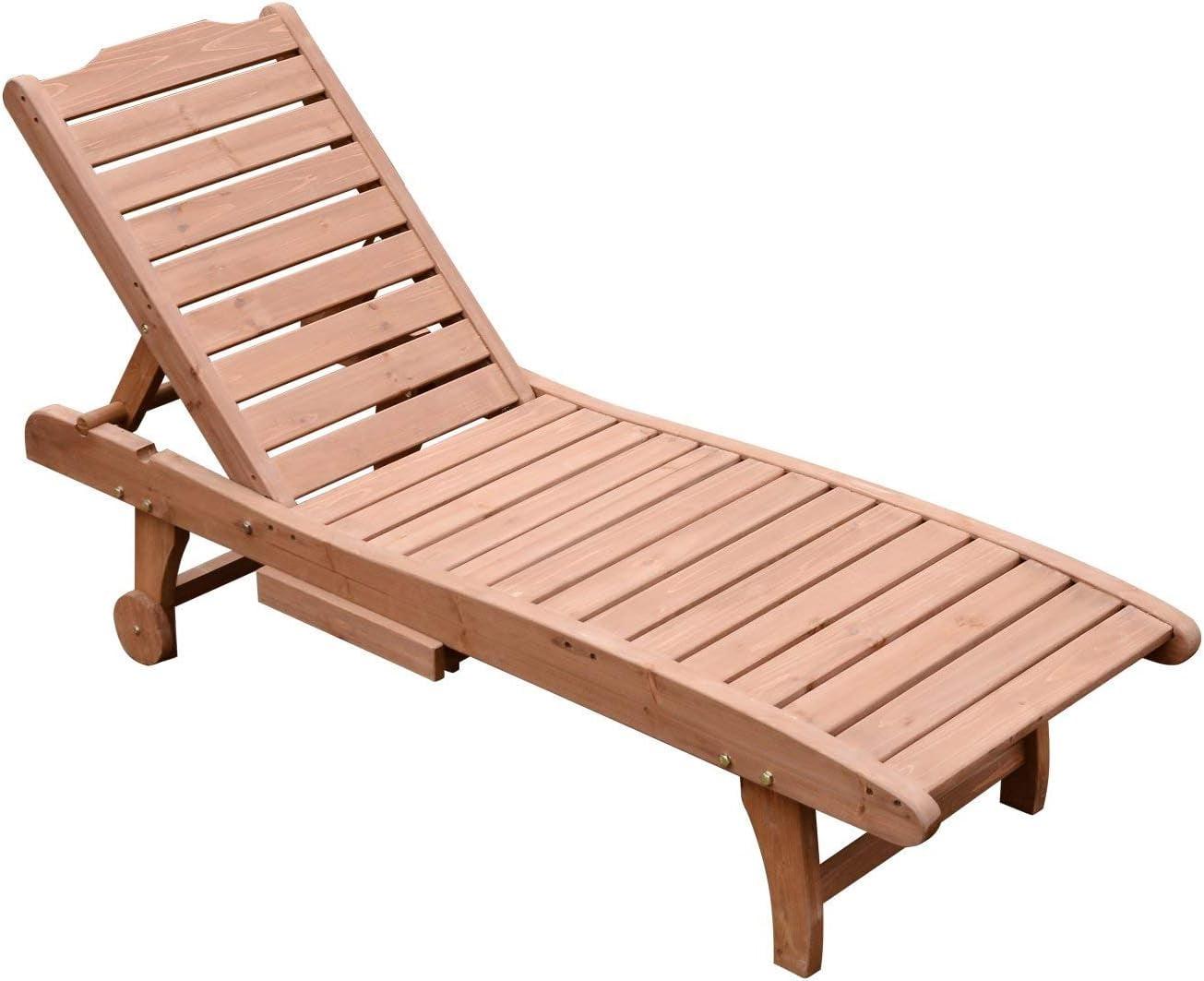 Red Wood Look Outdoor Chaise Lounge with Pull-Out Tray