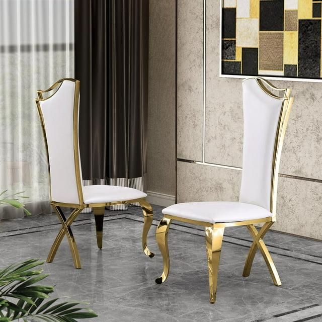 Elegant Side Chairs in White Faux Leather and Gold Stainless Steel (Set of 2)