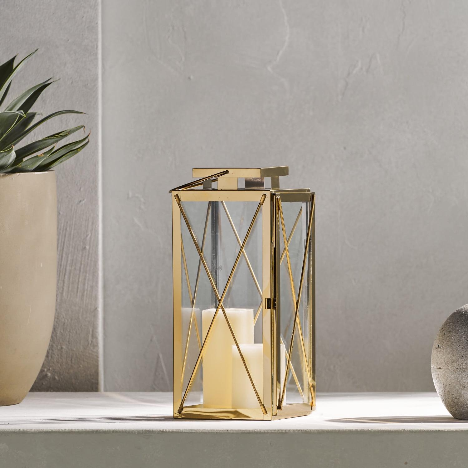 14" Gold Stainless Steel Lantern with Tempered Glass Panels