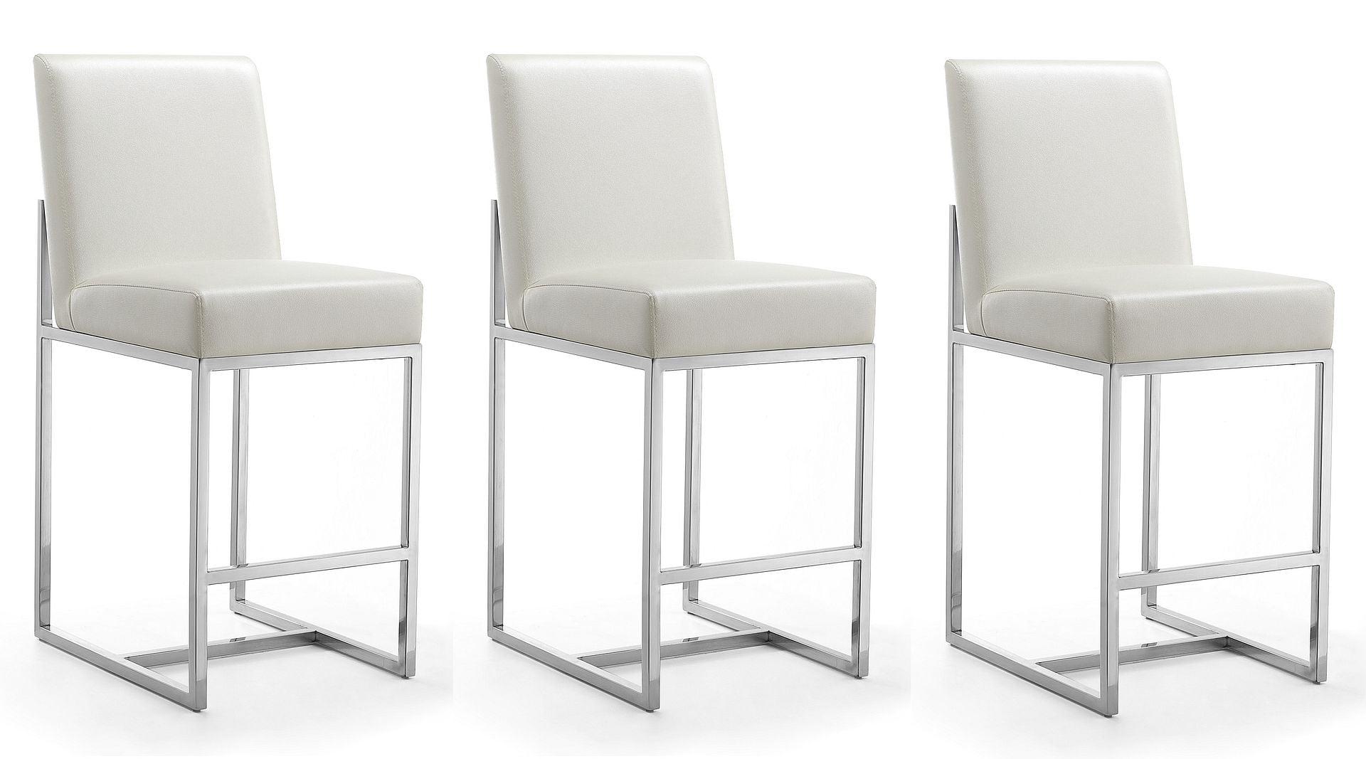 Manhattan Comfort Set of 3 Element Upholstered Stainless Steel Counter Height Barstools Pearl White: Faux Leather, No Assembly Required