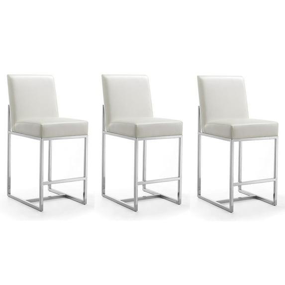 Manhattan Comfort Set of 3 Element Upholstered Stainless Steel Counter Height Barstools Pearl White: Faux Leather, No Assembly Required