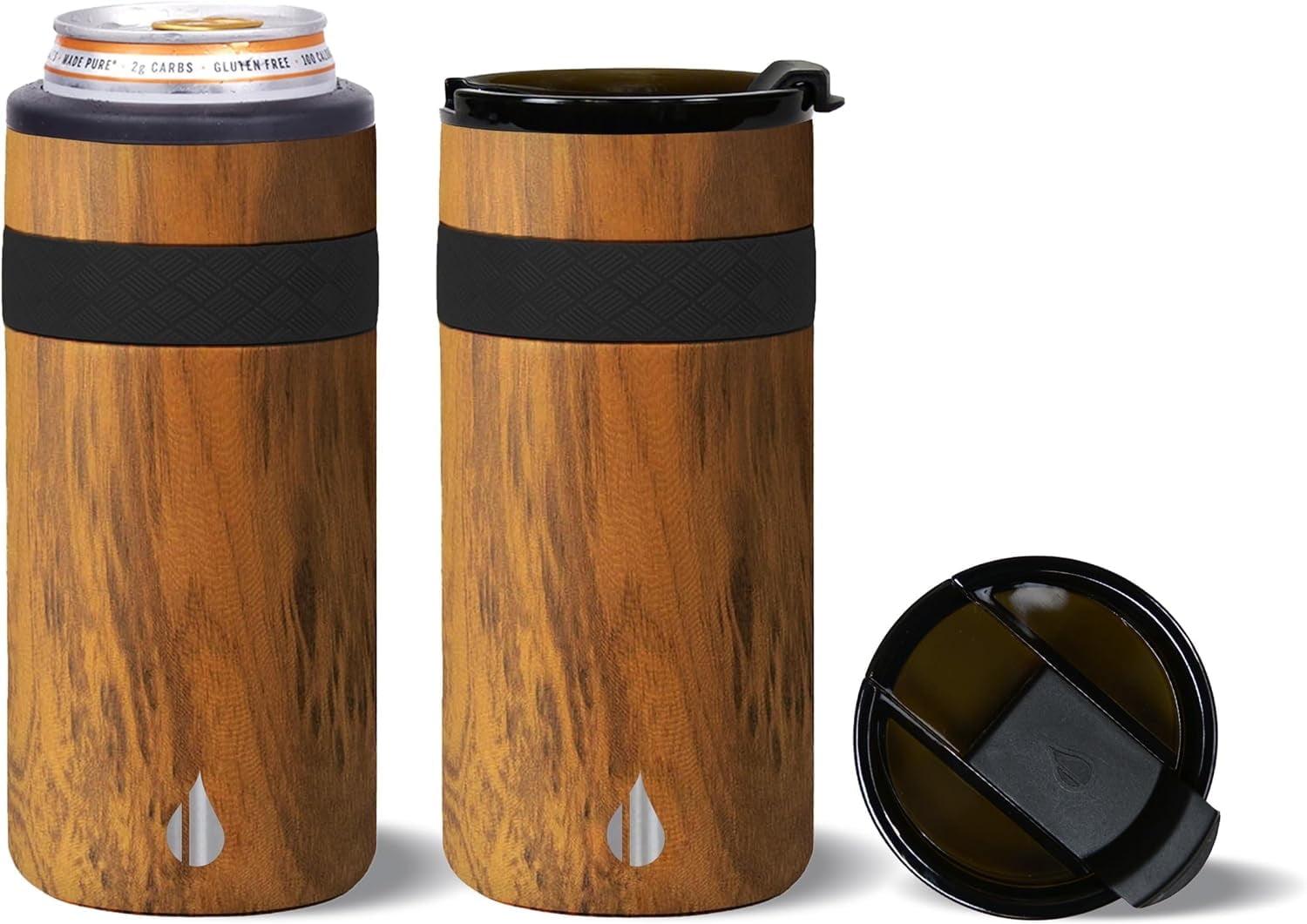 Elemental Duo-Sip 2 in 1 Travel Coffee Tumbler with 100% Leak Proof Lid & Slim Can Cooler Insulator for 12oz Slim Cans, Triple Walled Stainless Steel for Hard Seltzer & Hot/Cold Drinks - Teakwood