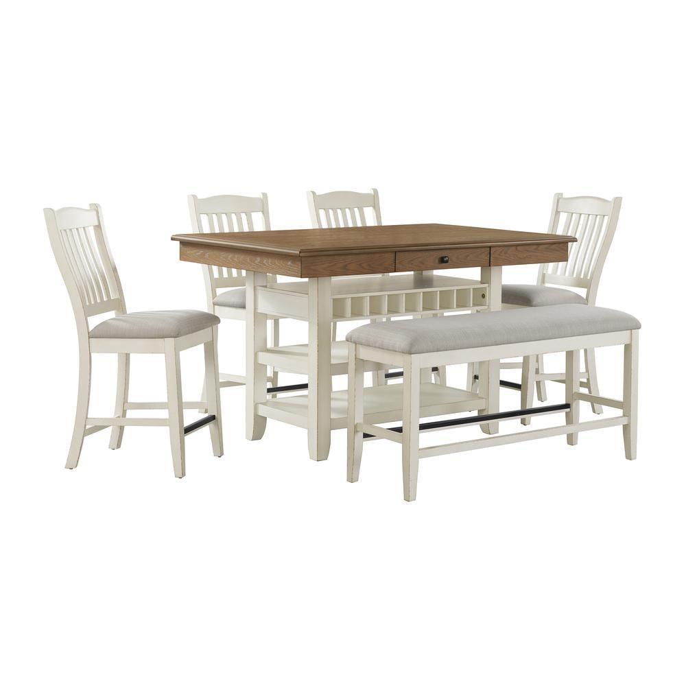 Walnut and Antique White 6-Piece Counter Height Dining Set with Bench