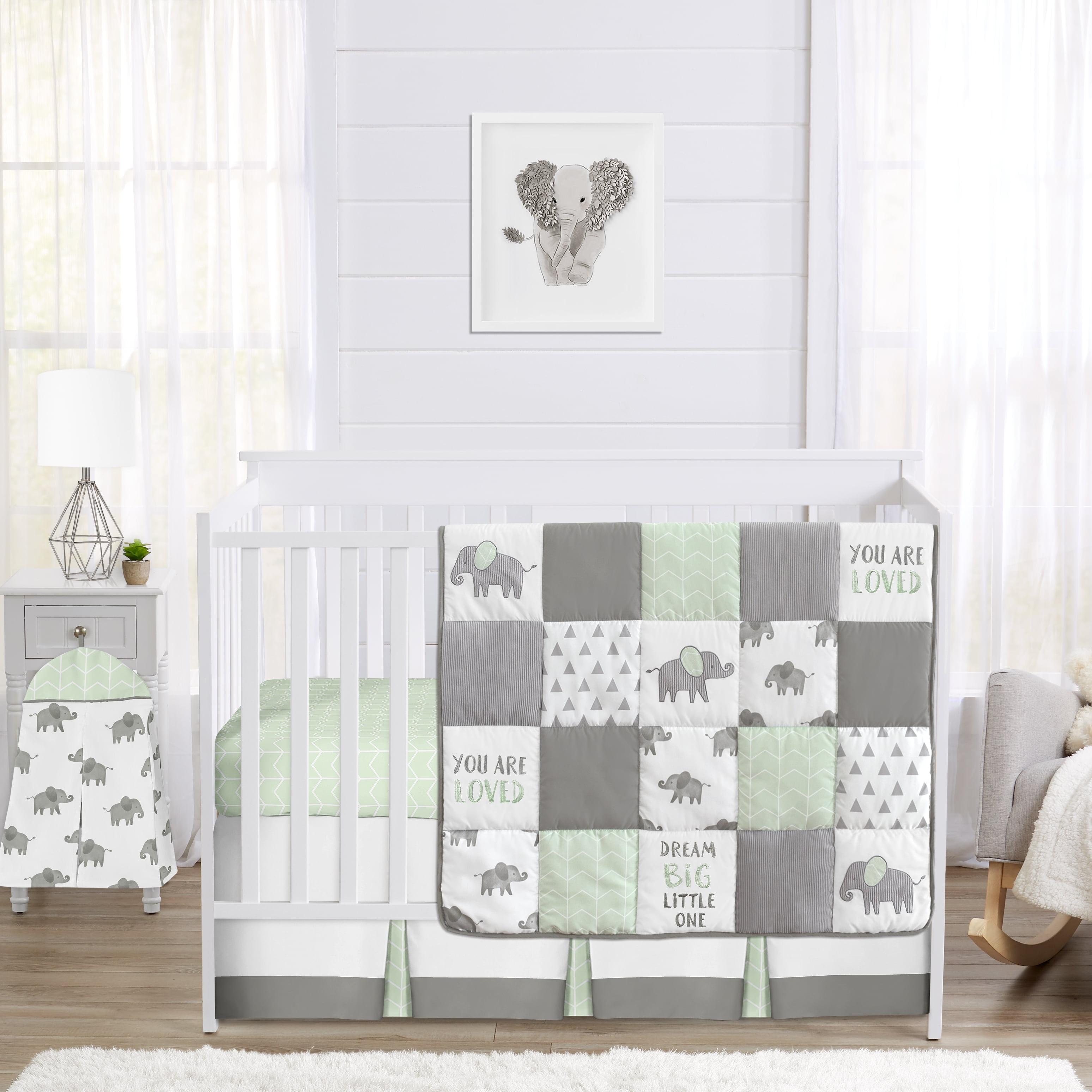 Mint and Gray Microfiber Elephant 4-Piece Crib Bedding Set