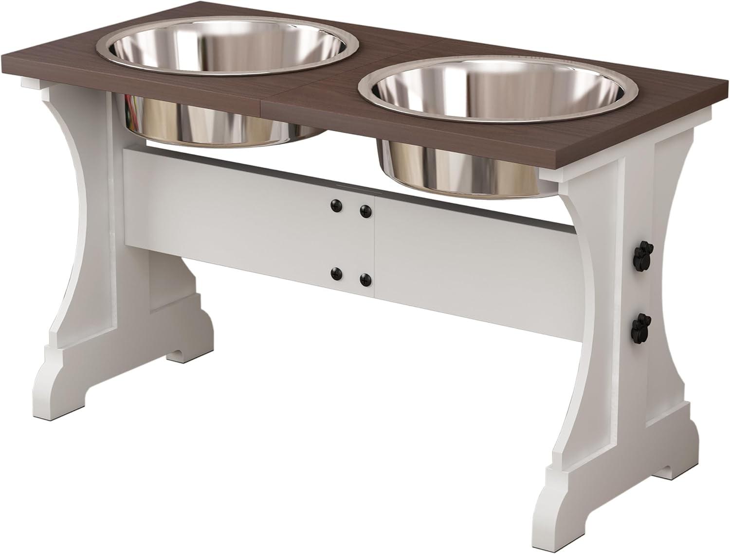 Elevated Dog Bowls,Farmhouse Dog Bowls Stand, Raised Dog Bowl with 2 Stainless Steel Wooden Dog Bowls 9 Cups 13.8''H_80 oz Bowl-Farmhouse Style