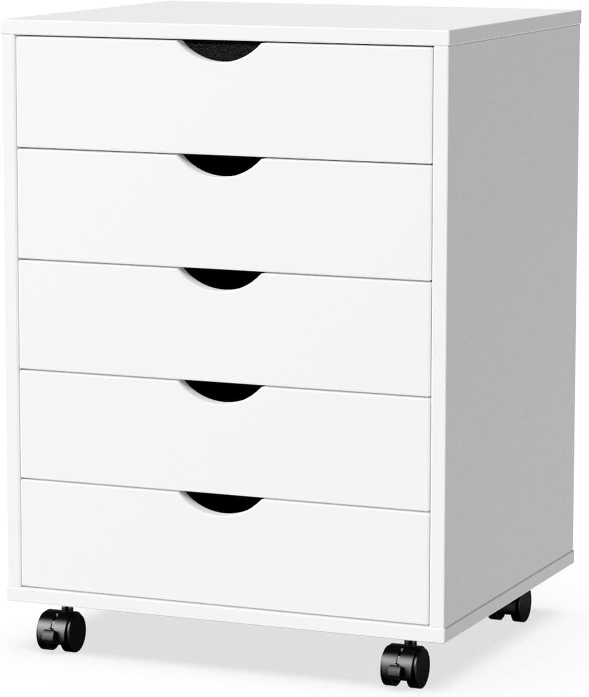 White 5-Drawer Mobile Wooden Dresser with Casters