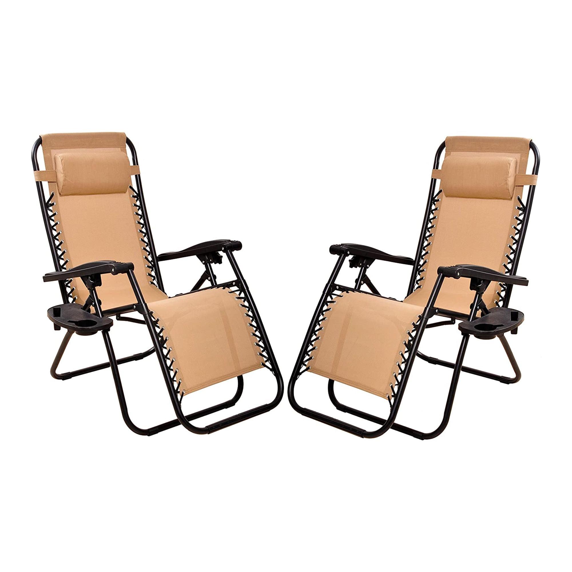 Elevon Adjustable Outdoor Zero Gravity Recliner Lounge Chair w/ Detachable Cup Holder for Deck, Beach, or Bonfire, Weight 300Lbs Max, Beige, Set of 2