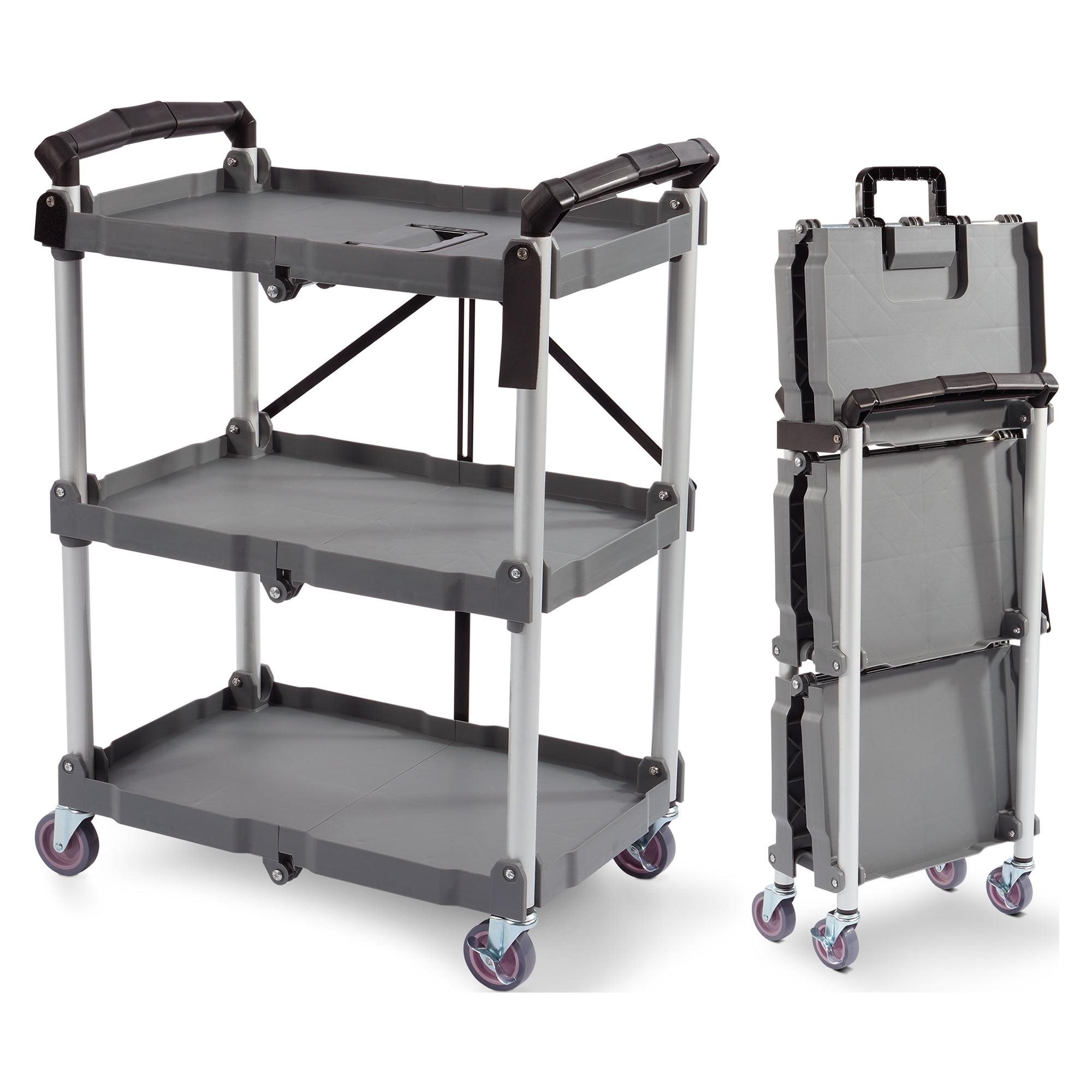 Elevon Aluminum Service Push Cart Portable Utility 3 Tier Collapsible Shelving Unit with Wheels for Home Office Organization, Gray