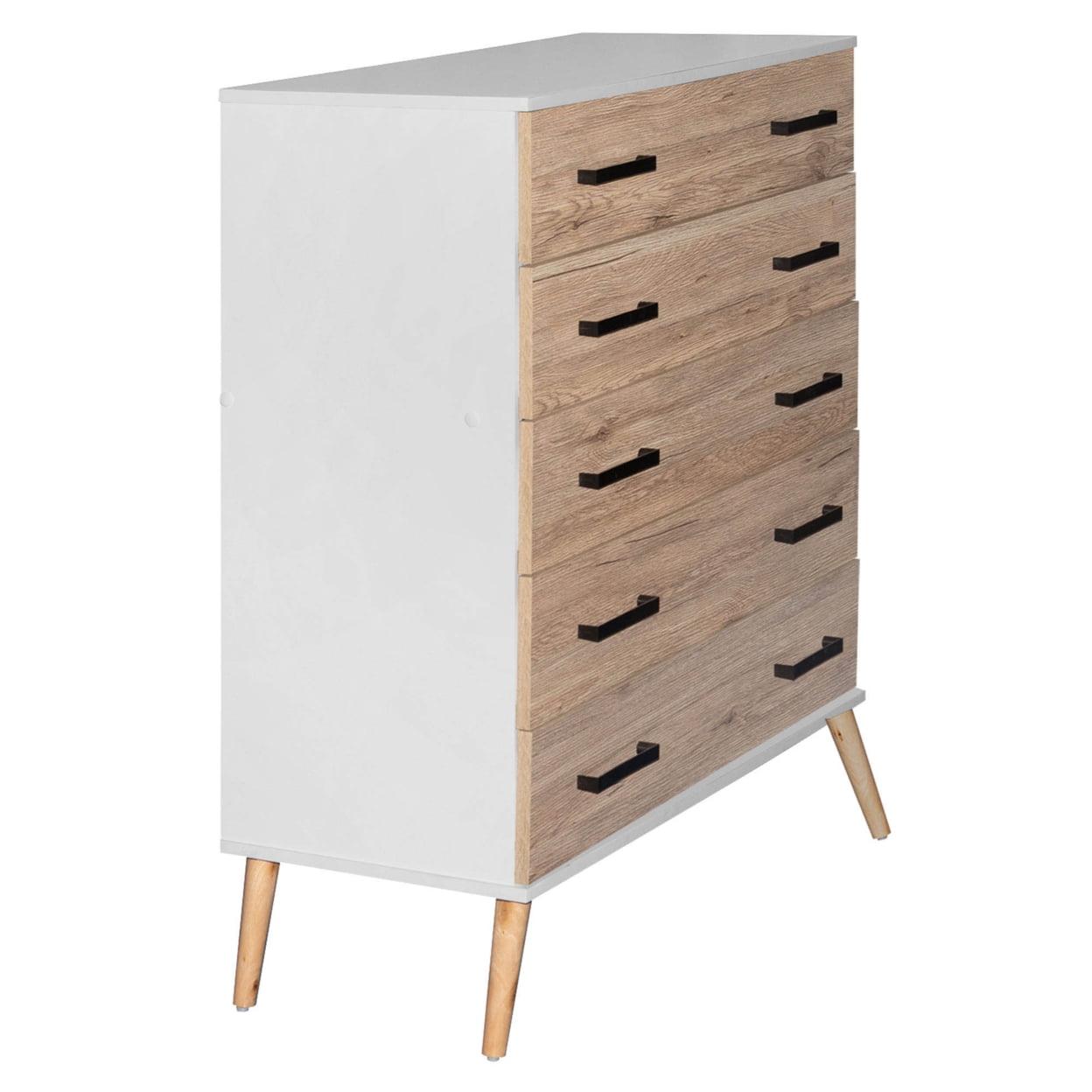 Eli Mid-Century Modern 5 Drawer Chest in White & Natural Oak