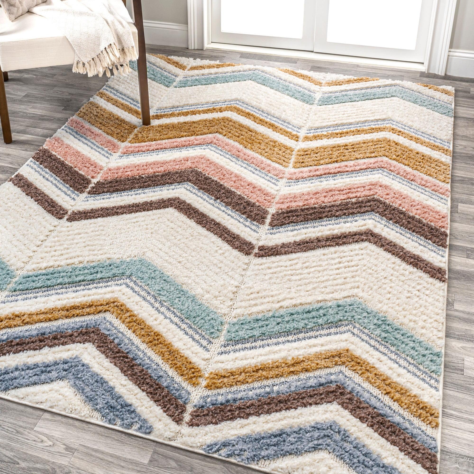 Mid-Century Ivory Chevron Reversible Synthetic Area Rug