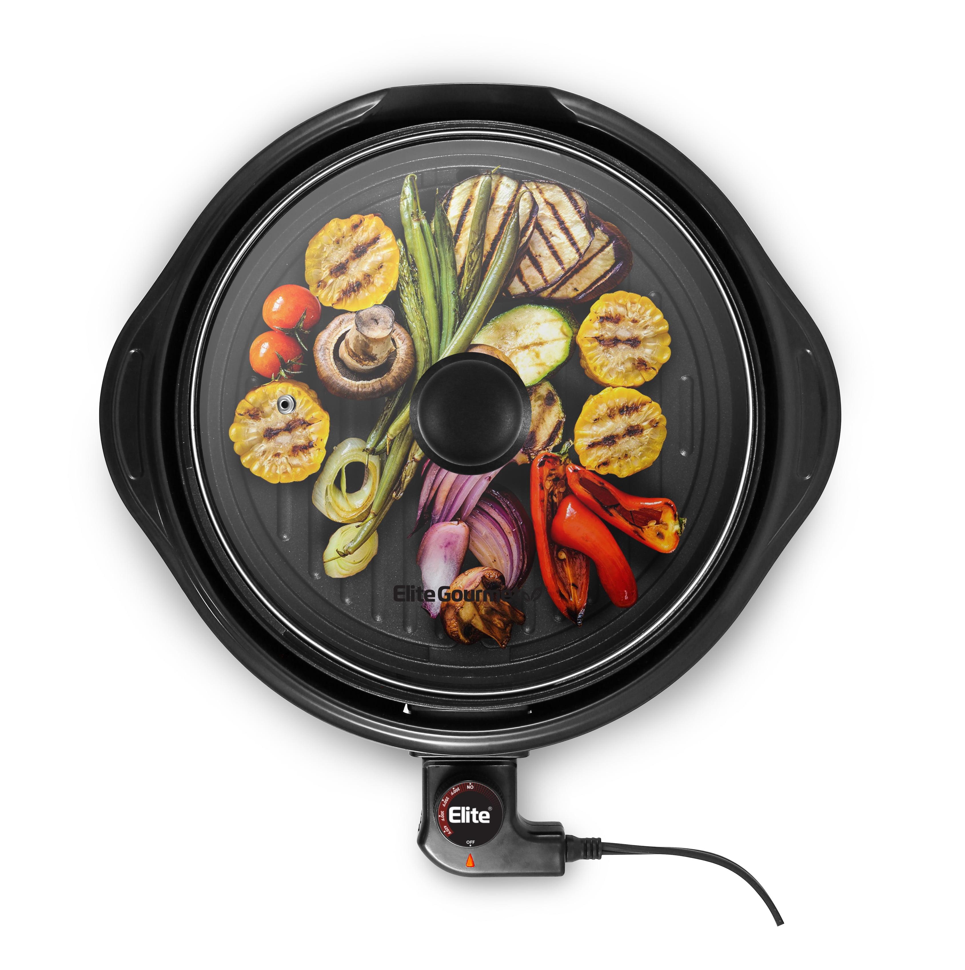 Elite Gourmet 11-inch Electric Indoor Grill with Tempered Glass Lid, Black