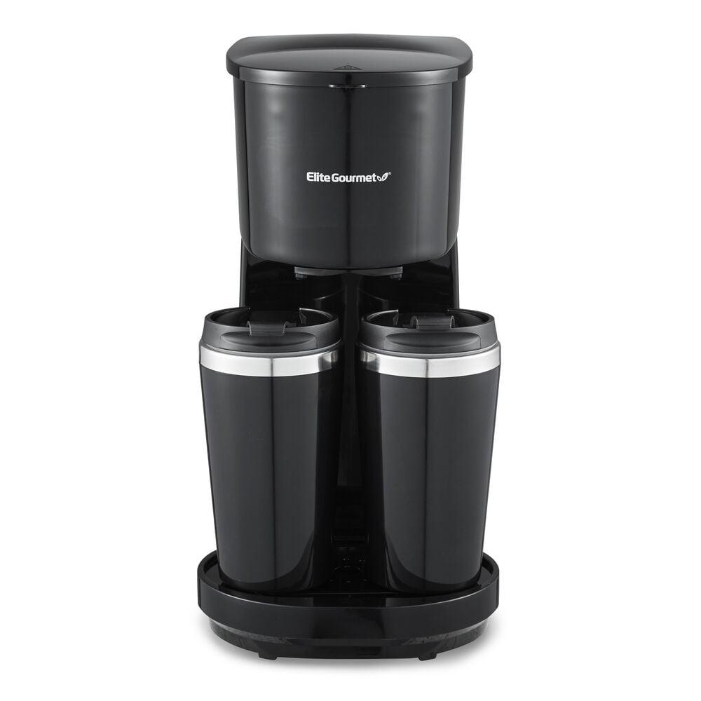 Elite Gourmet Dual Coffee Maker with Two Stainless Steel Interior Travel Mugs, Black
