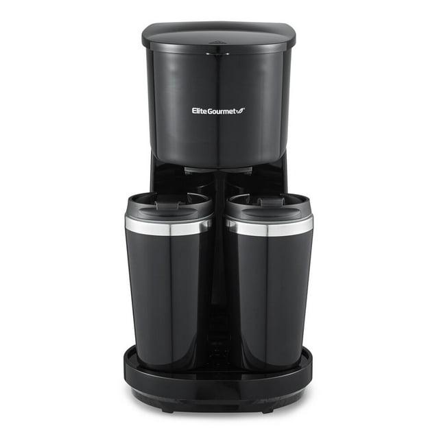 Elite Gourmet Dual Coffee Maker with Two Stainless Steel Interior Travel Mugs, Black