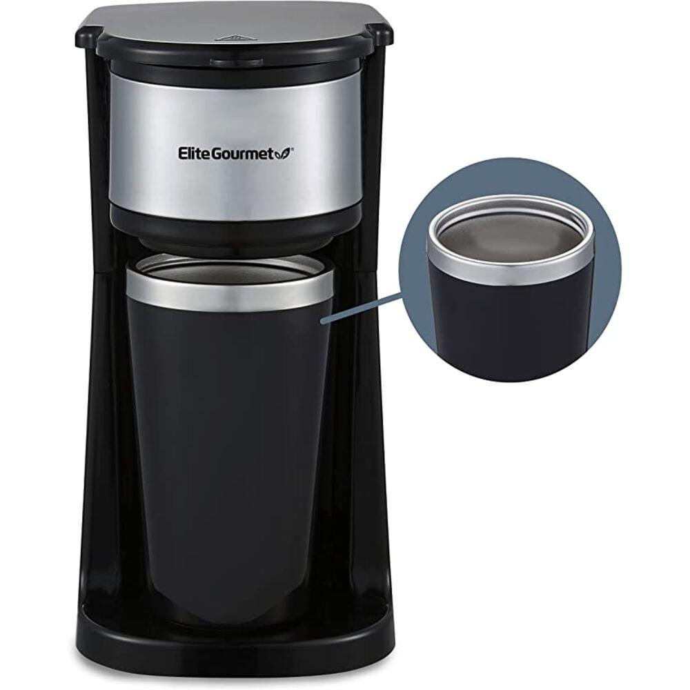 Elite Gourmet Black Stainless Steel Single Serve Coffee Maker with Travel Mug