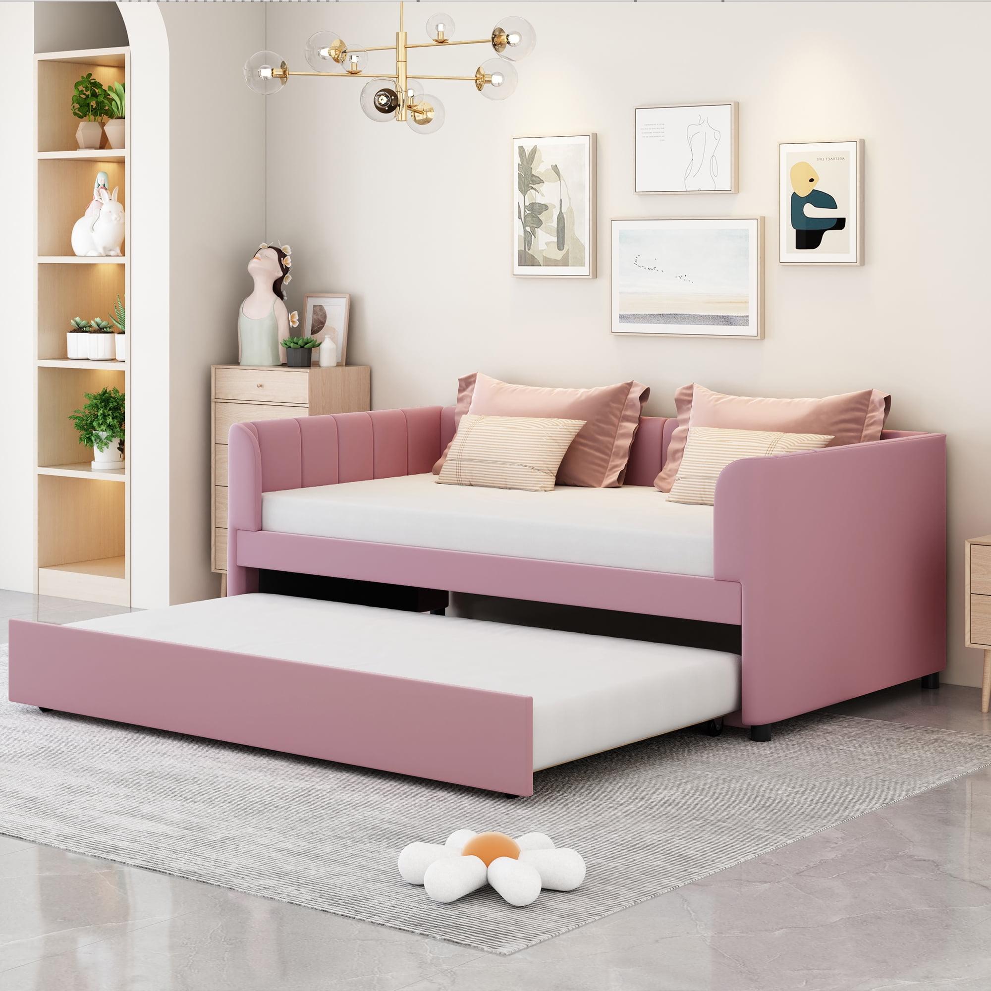 Pink Velvet Twin Daybed with Trundle and Drawers