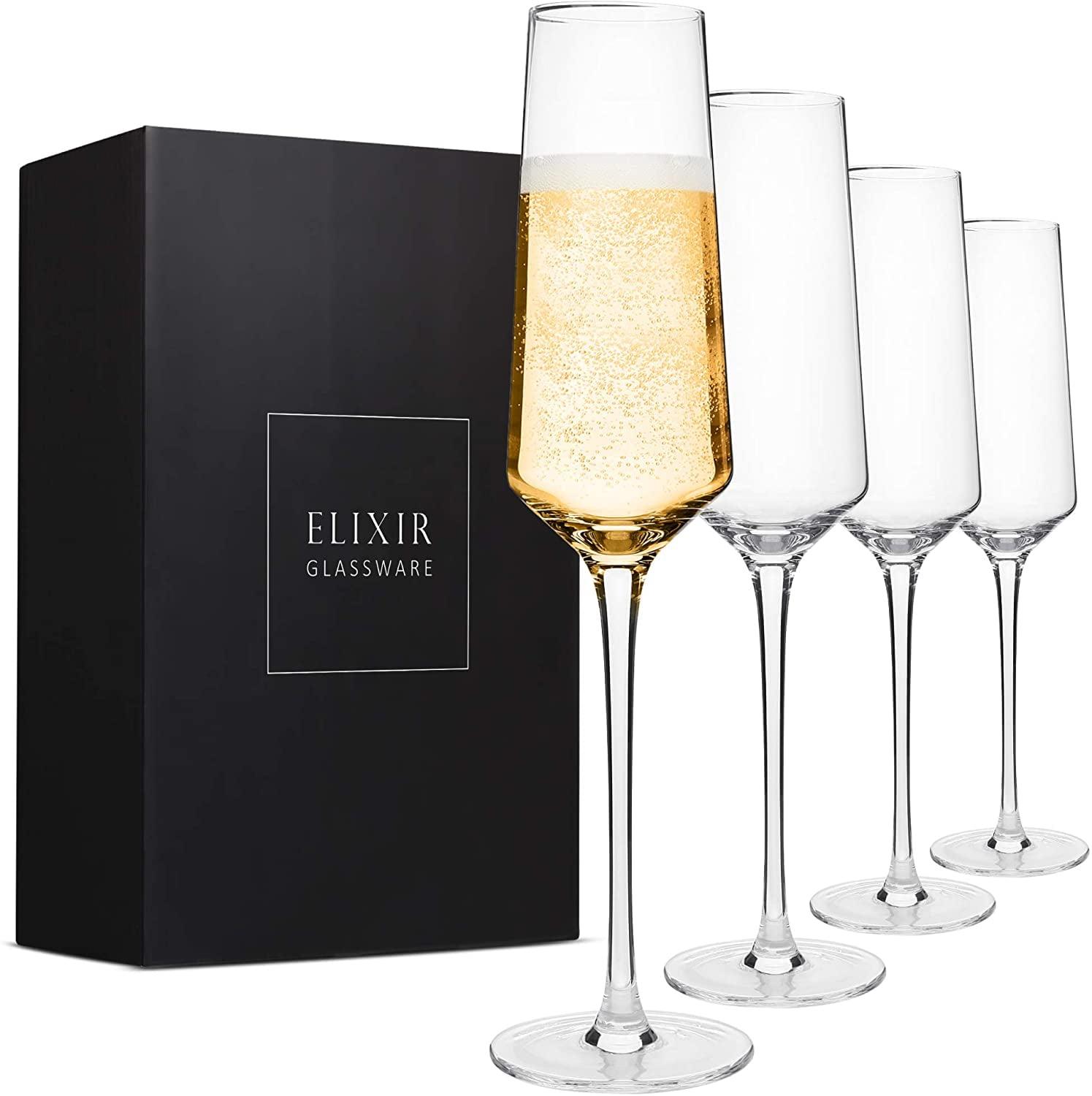 Elixir Hand Blown Crystal Champagne Flutes, Set of 4, 8oz