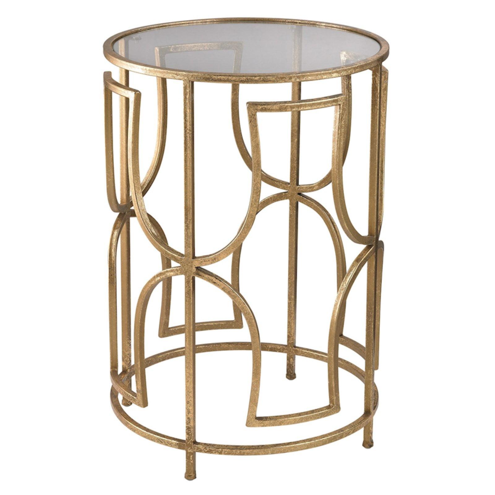 Antique Gold Round Metal Accent Table with Glass Top