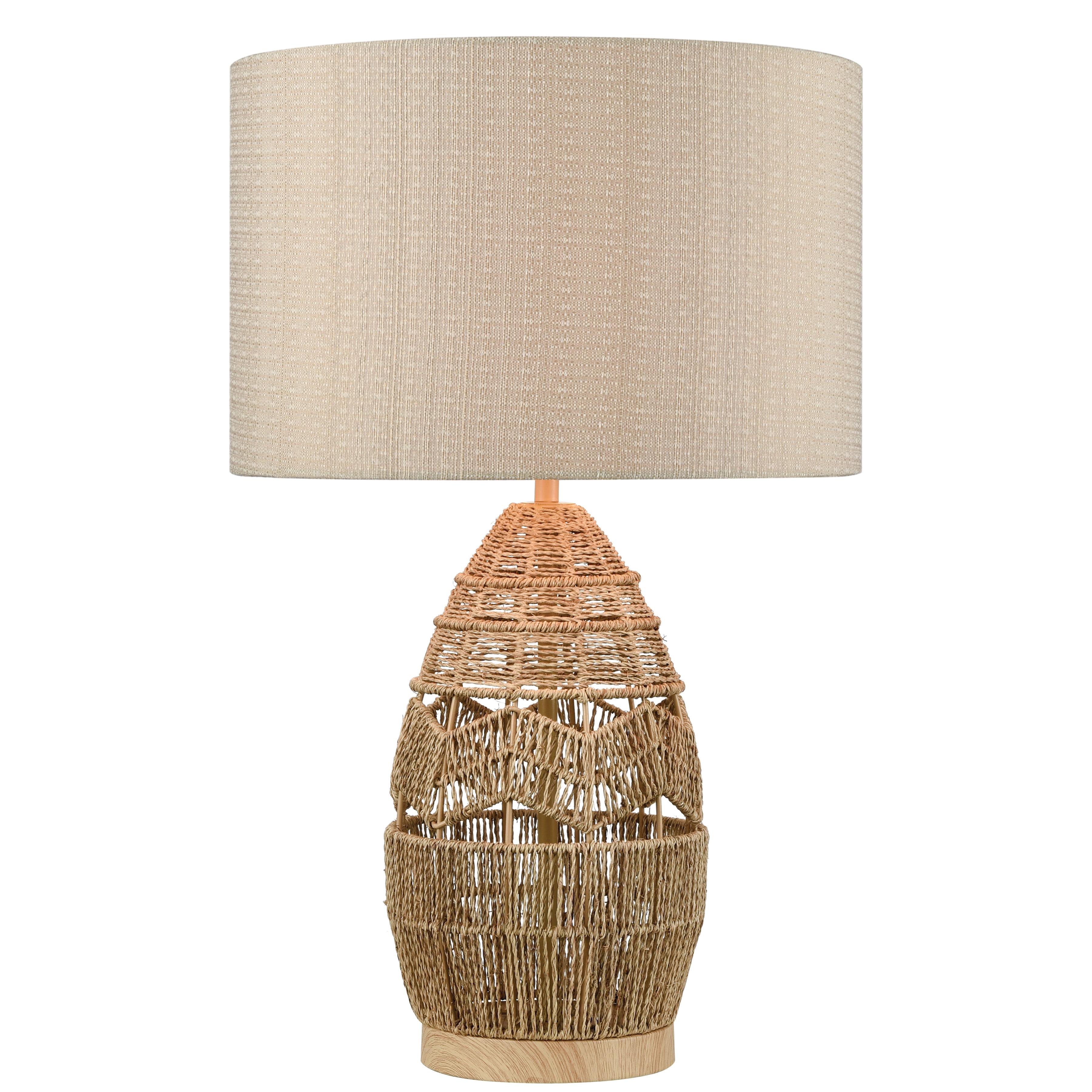 Natural Rope Woven Basket Table Lamp with Mushroom Linen Shade
