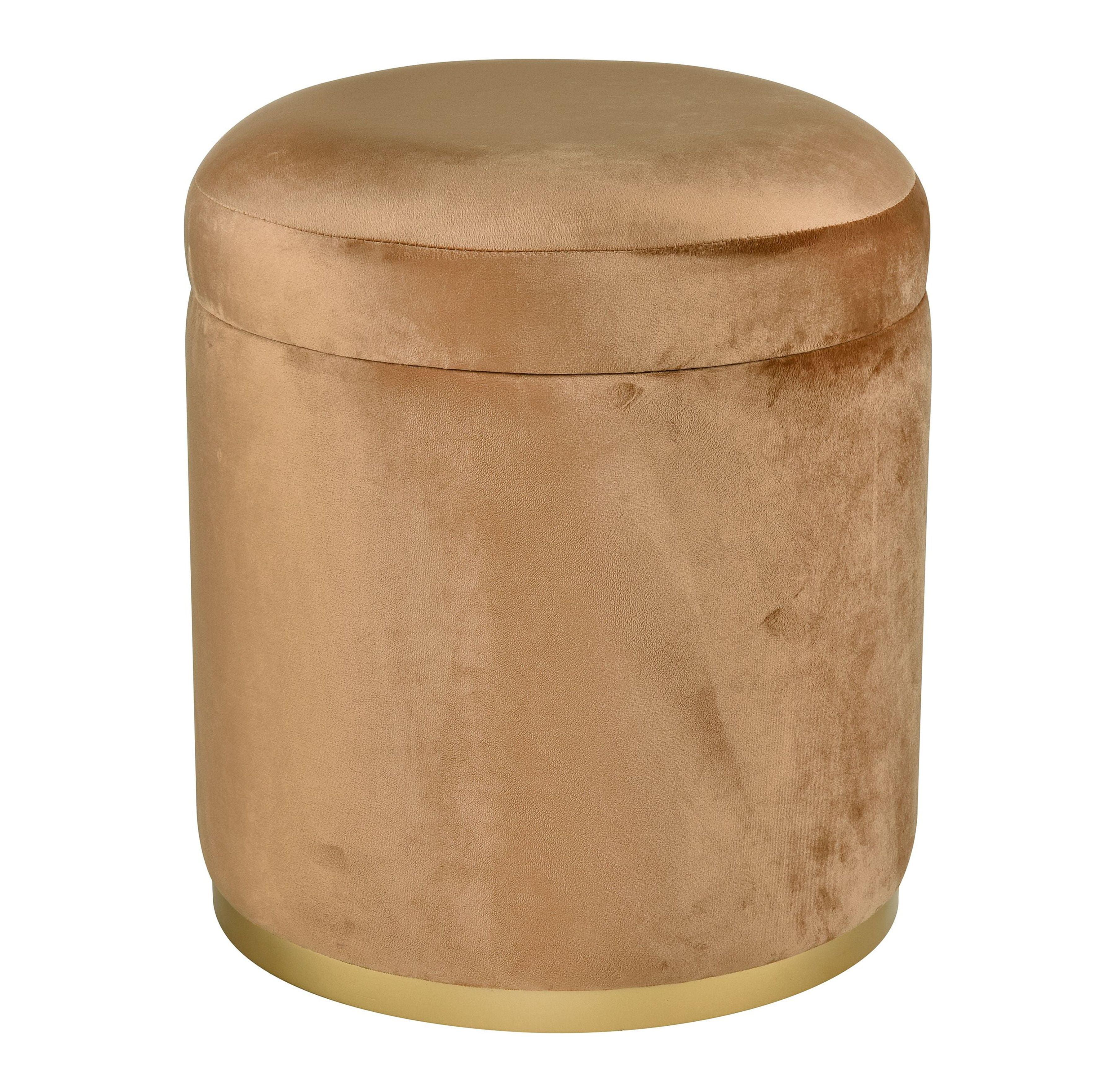 Raina Velvet Drum Ottoman with Brass Base and Inner Storage, Camel