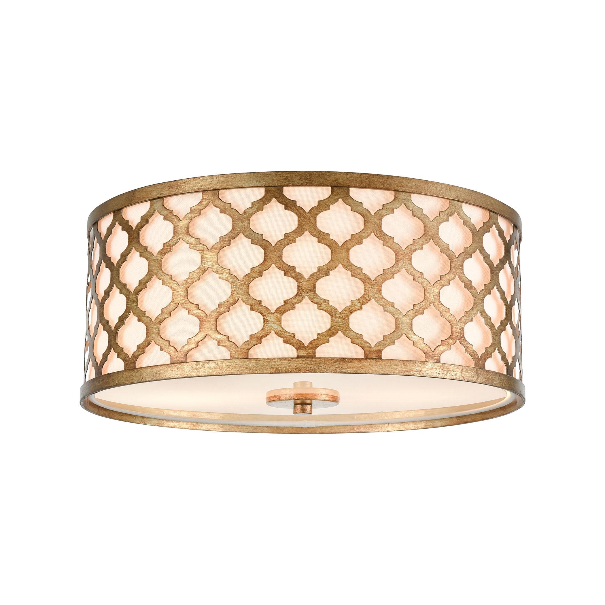 Bronze Gold Drum Flush Mount with White Fabric Shade