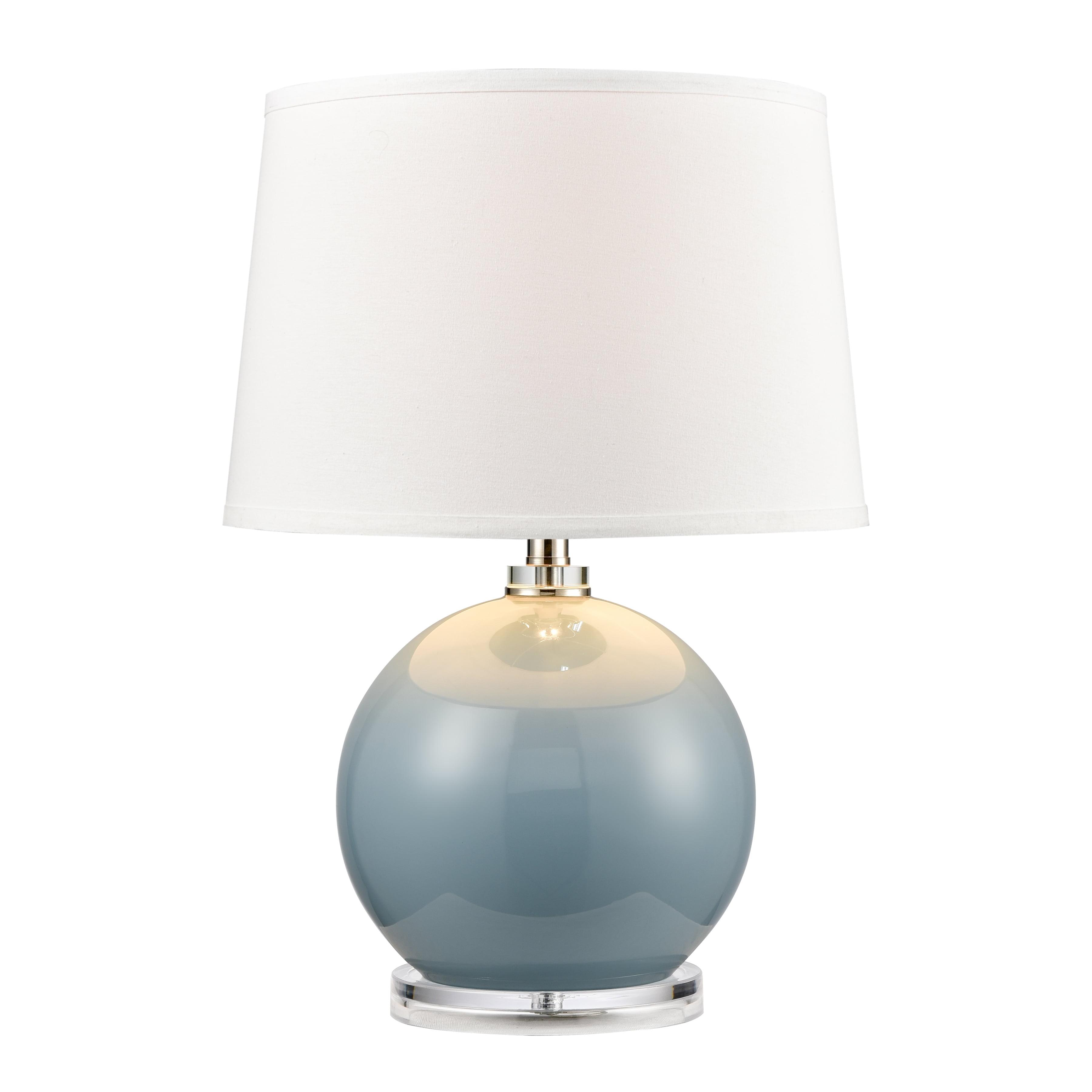 Azure Blue Glass Table Lamp with White Linen Shade