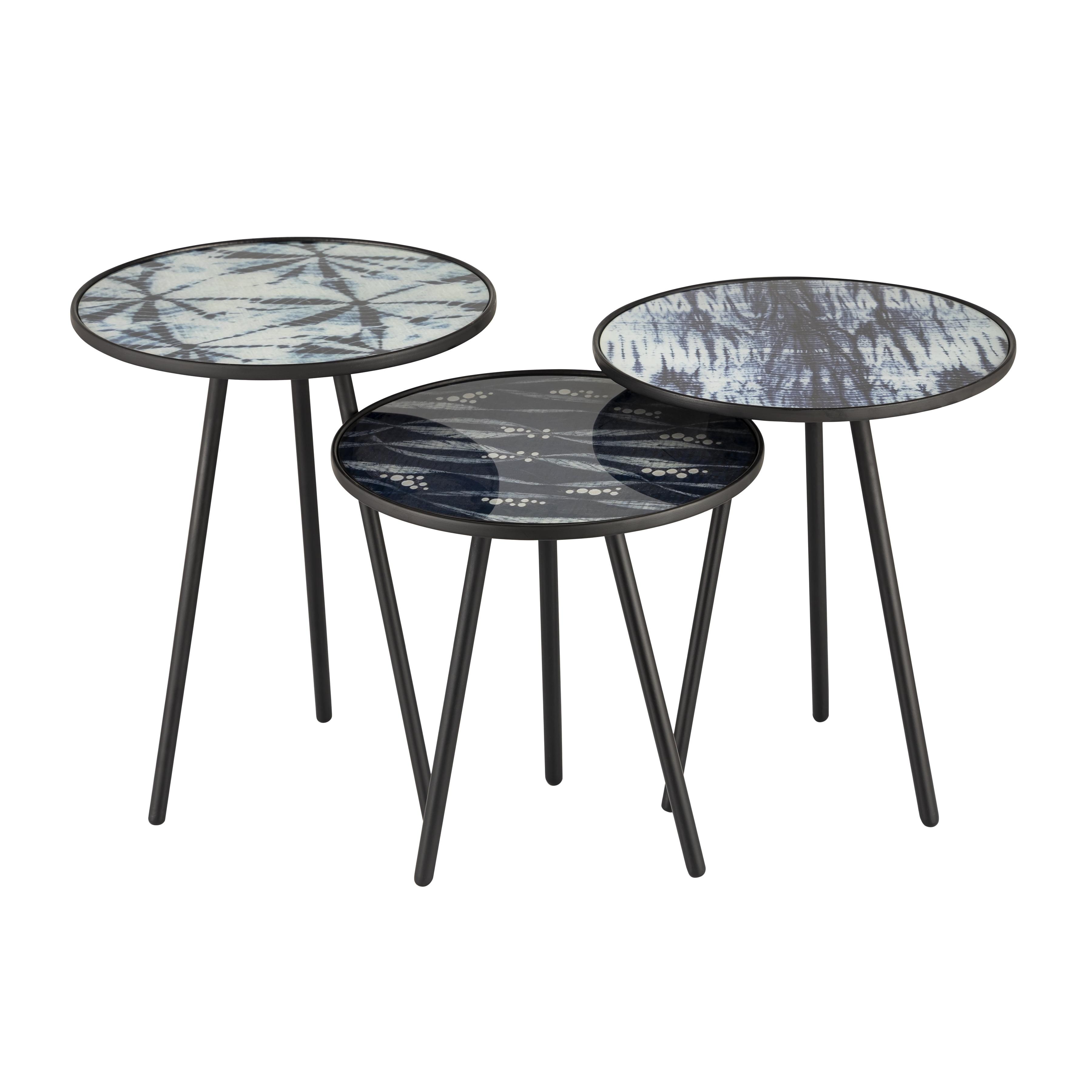 Navy Round Metal and Glass Accent Tables, Set of 3