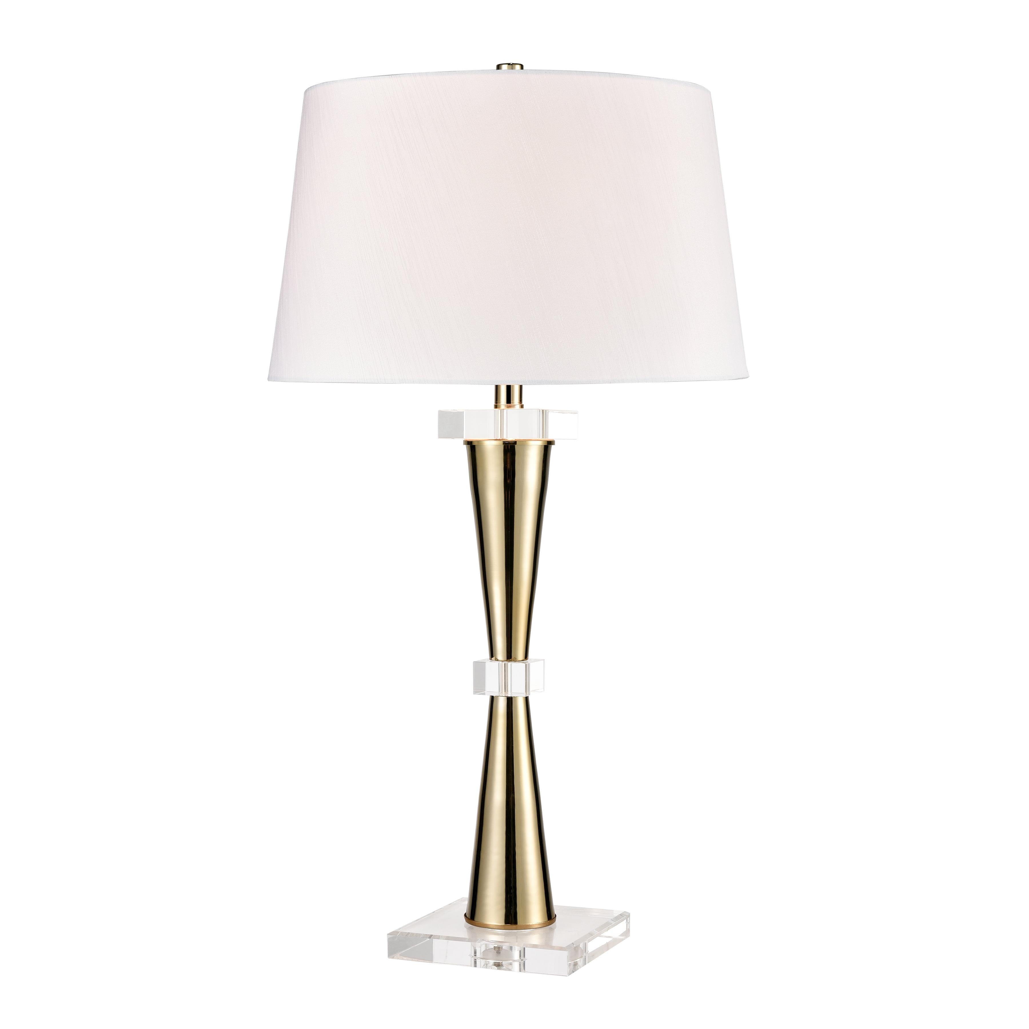 Gold and Clear Table Lamp with White Faux Silk Shade